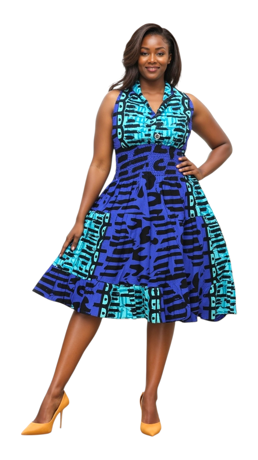 5006 - Woman's Mid-Length Smock Dress Blue/Multi