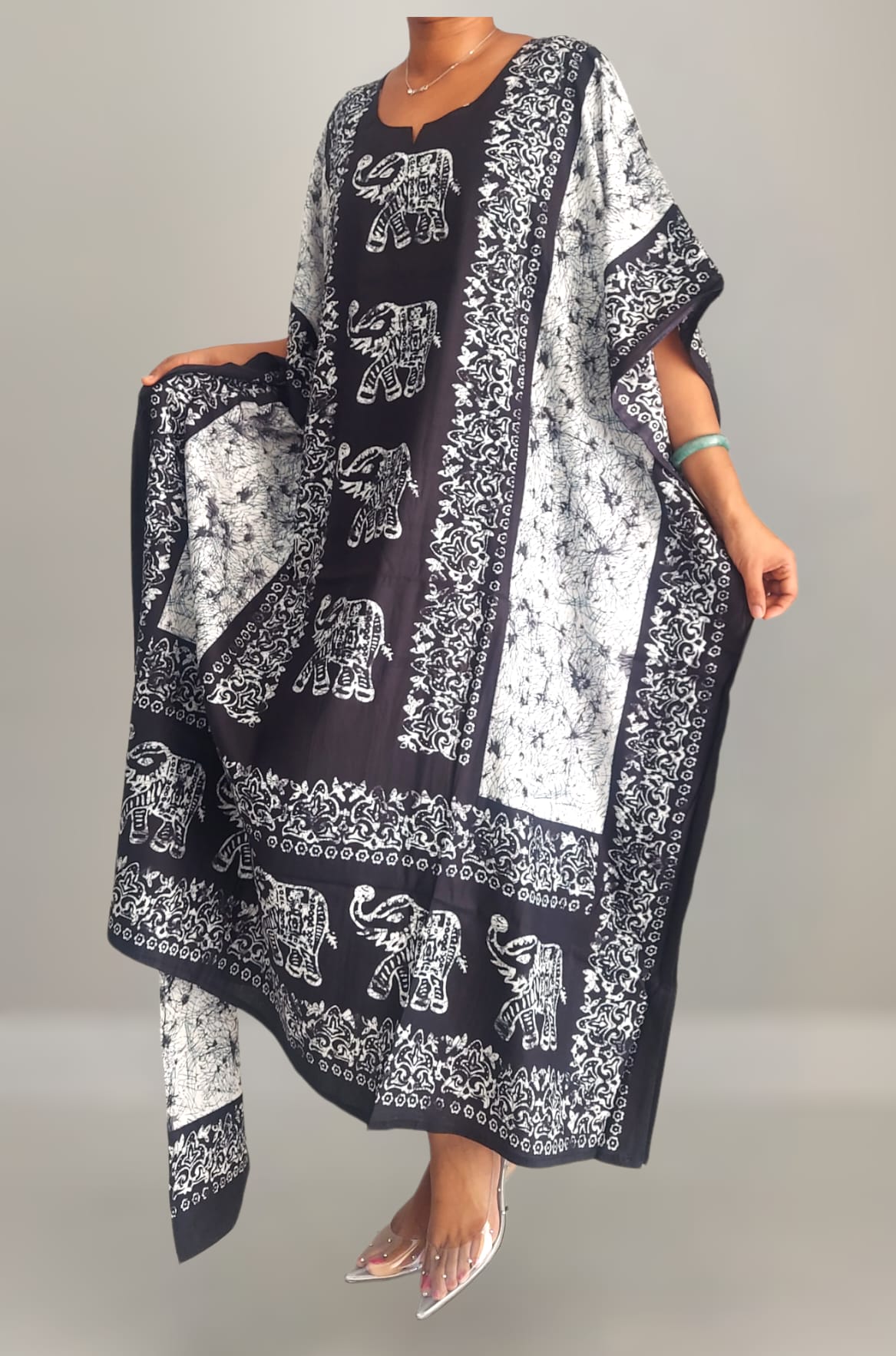 K1000 Women Elephant Print Kaftan Dress - Black India Batik K1000 Women Elephant Print Kaftan Dress - Black India Batik