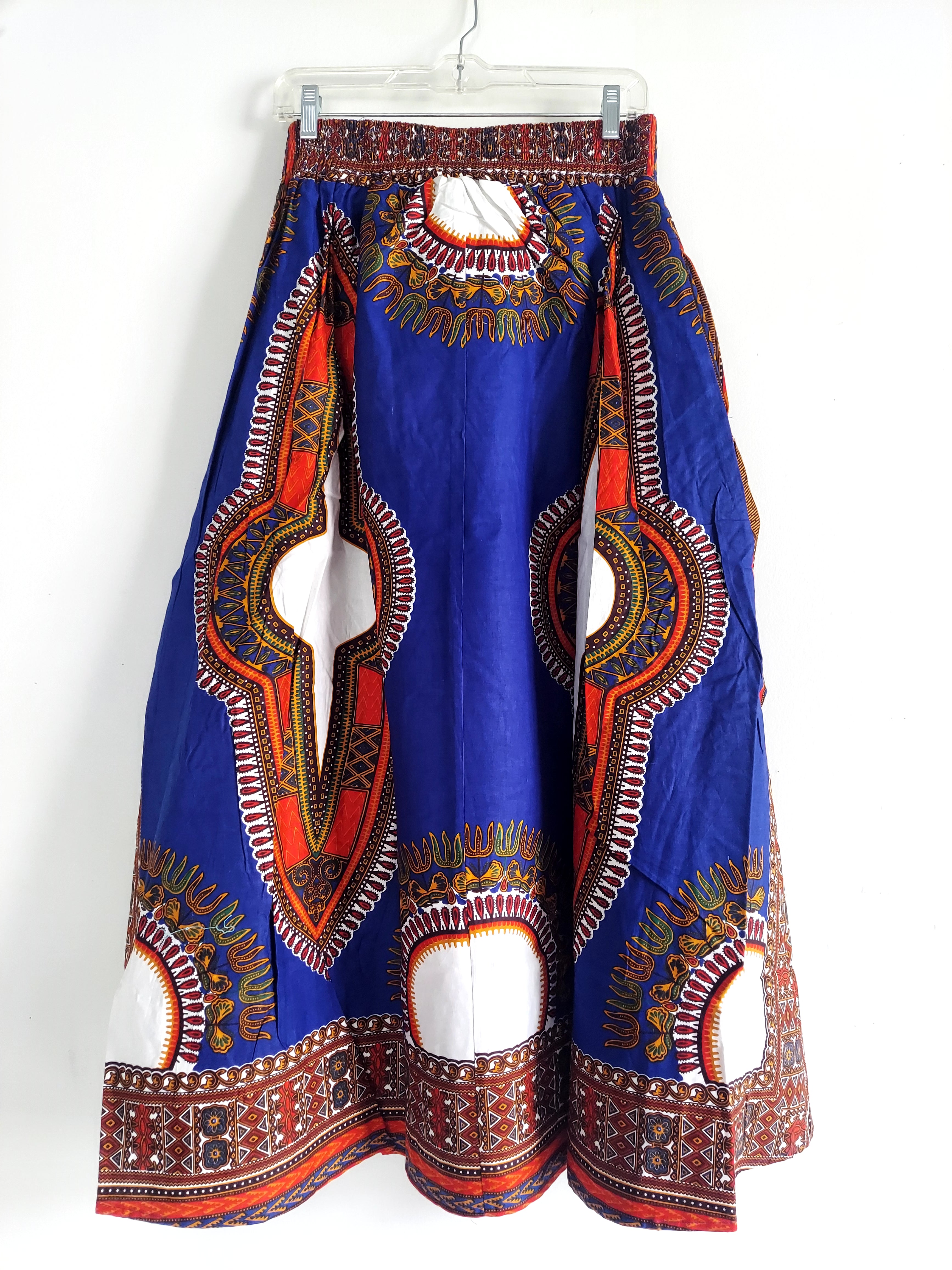 Women Long Dashiki Print Skirt - 6011D Blue/Red