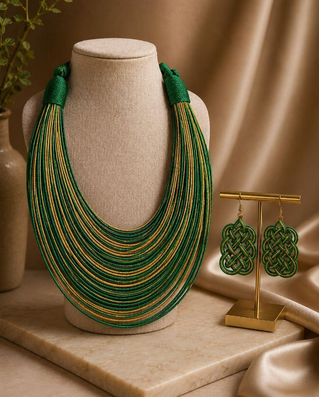 Rope Layered Necklace & Earrings Set Two Tone Green/Gold