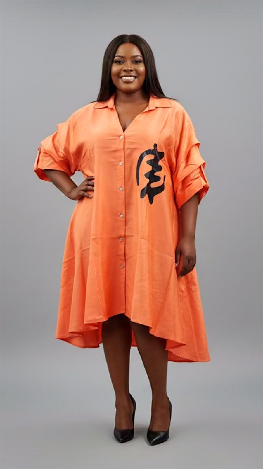Swing Dress/ Faux Silk/ Ruffle Sleeve With Gyname Decal 758G Orange