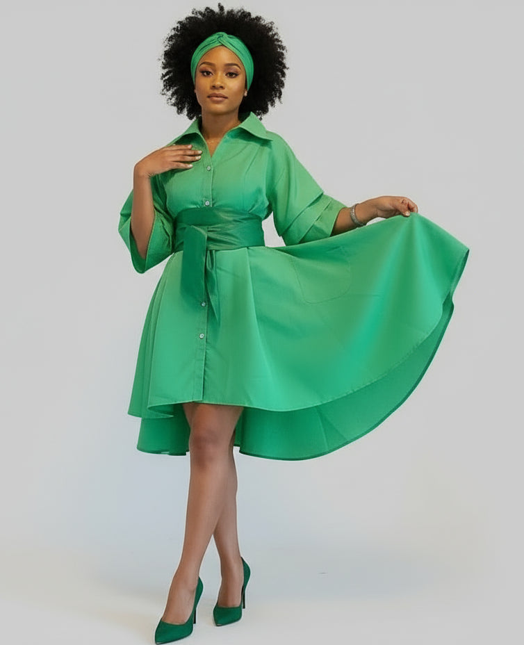 Swing Dress/ Faux Silk/ Ruffle Sleeve - 25013 Green