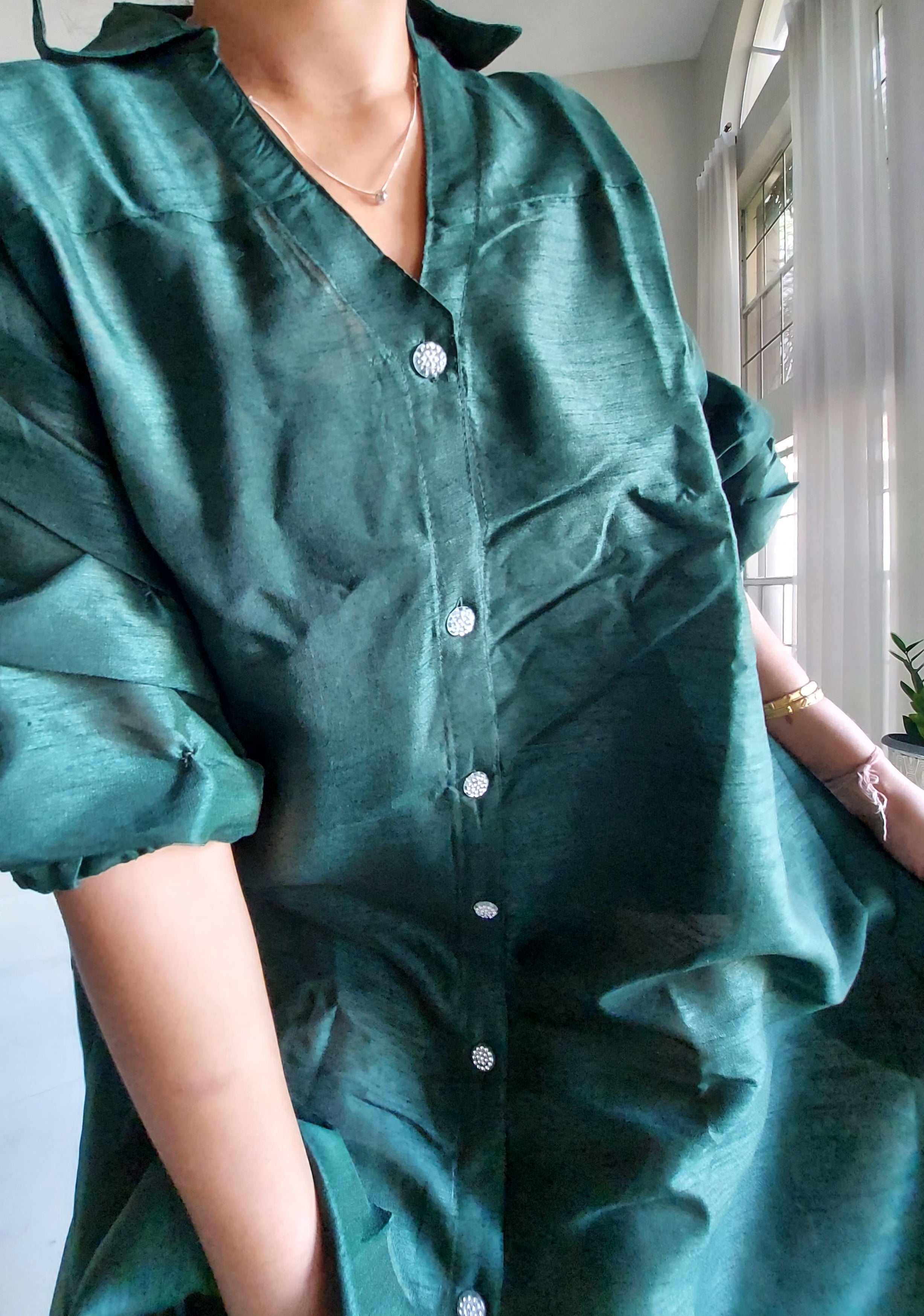 Swing Dress/ Faux Silk/ Ruffle Sleeve - 758 Forest Green