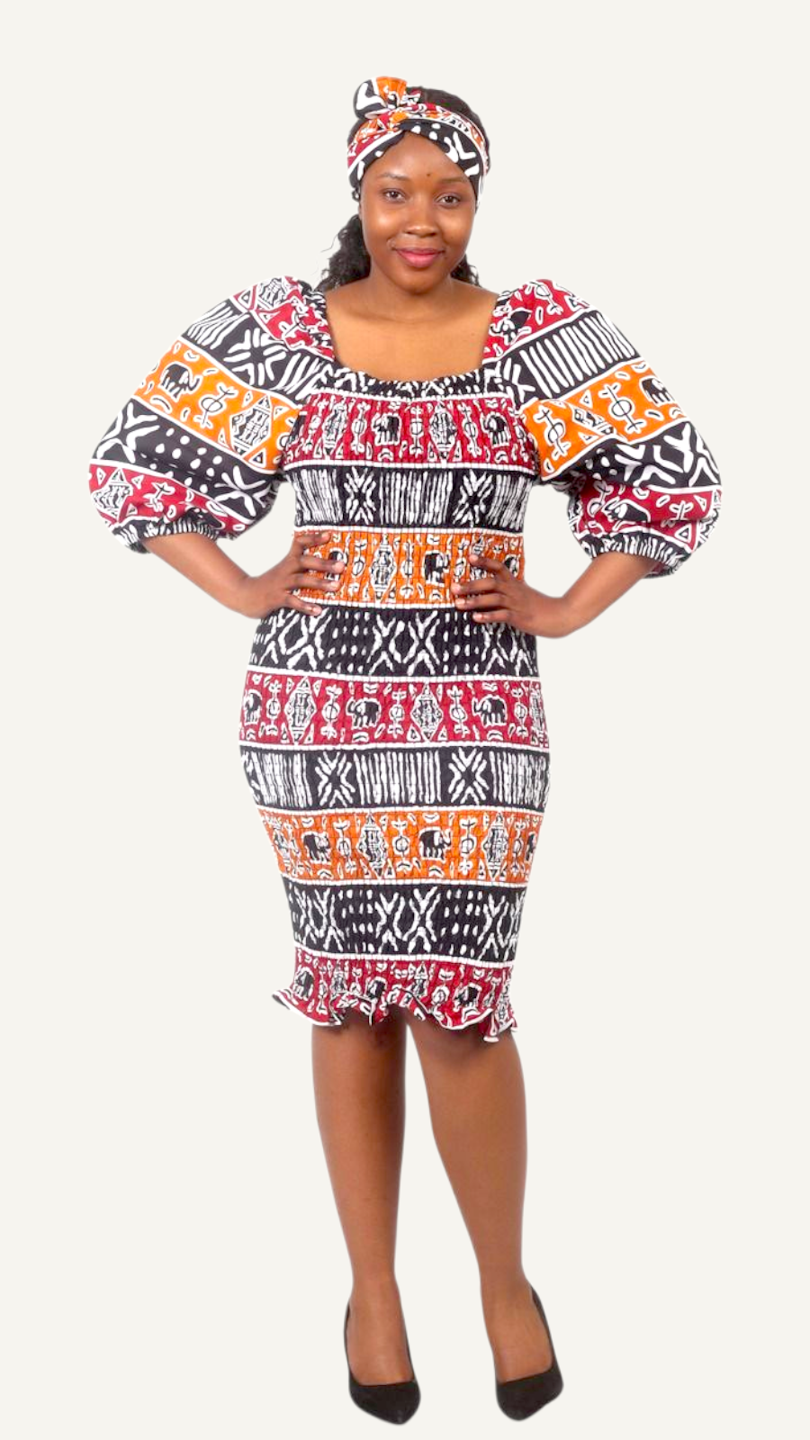 Fitted Smock Mid length Dress/ Puff Sleeve - KVZ35 Multi