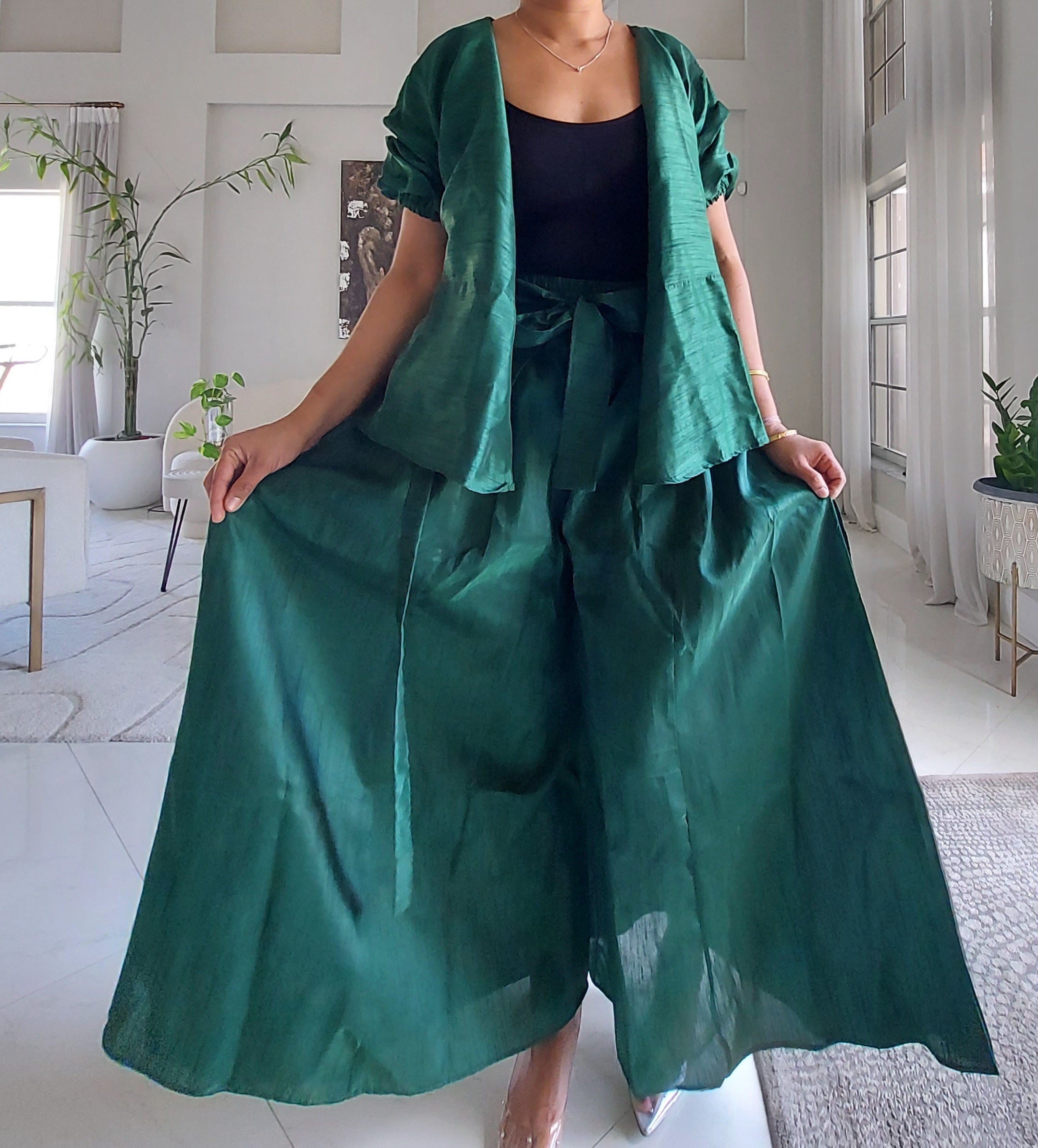 Faux Silk Palazzo Set - Green 4196