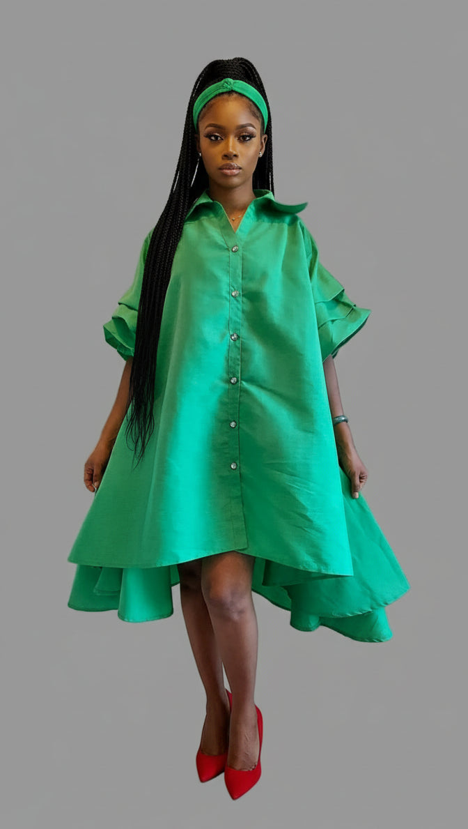 Swing Dress/ Faux Silk/ Ruffle Sleeve - 25013 Green