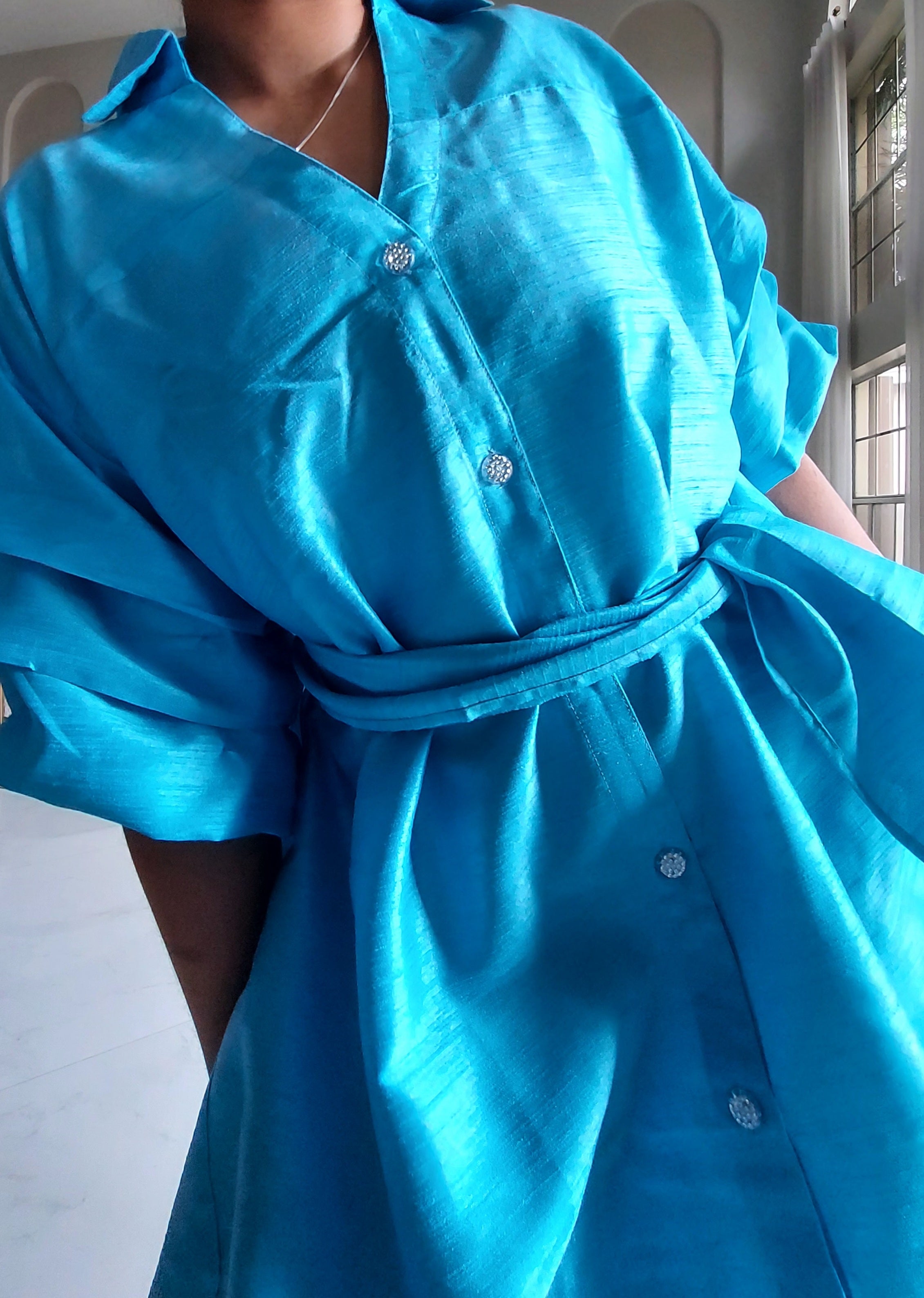 Swing Dress/ Faux Silk/ Ruffle Sleeve - 758 Light Blue
