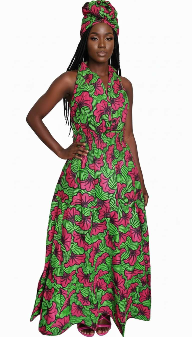 Smocked Halter Dress With Scarf Fuchsia Floral - 3028L