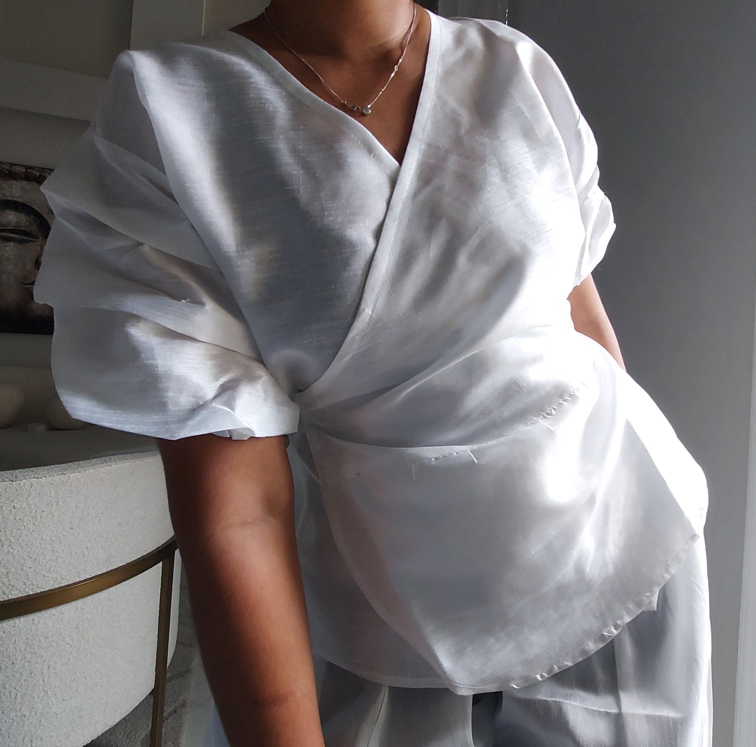 Faux Silk Palazzo Pant Set - 4196 White