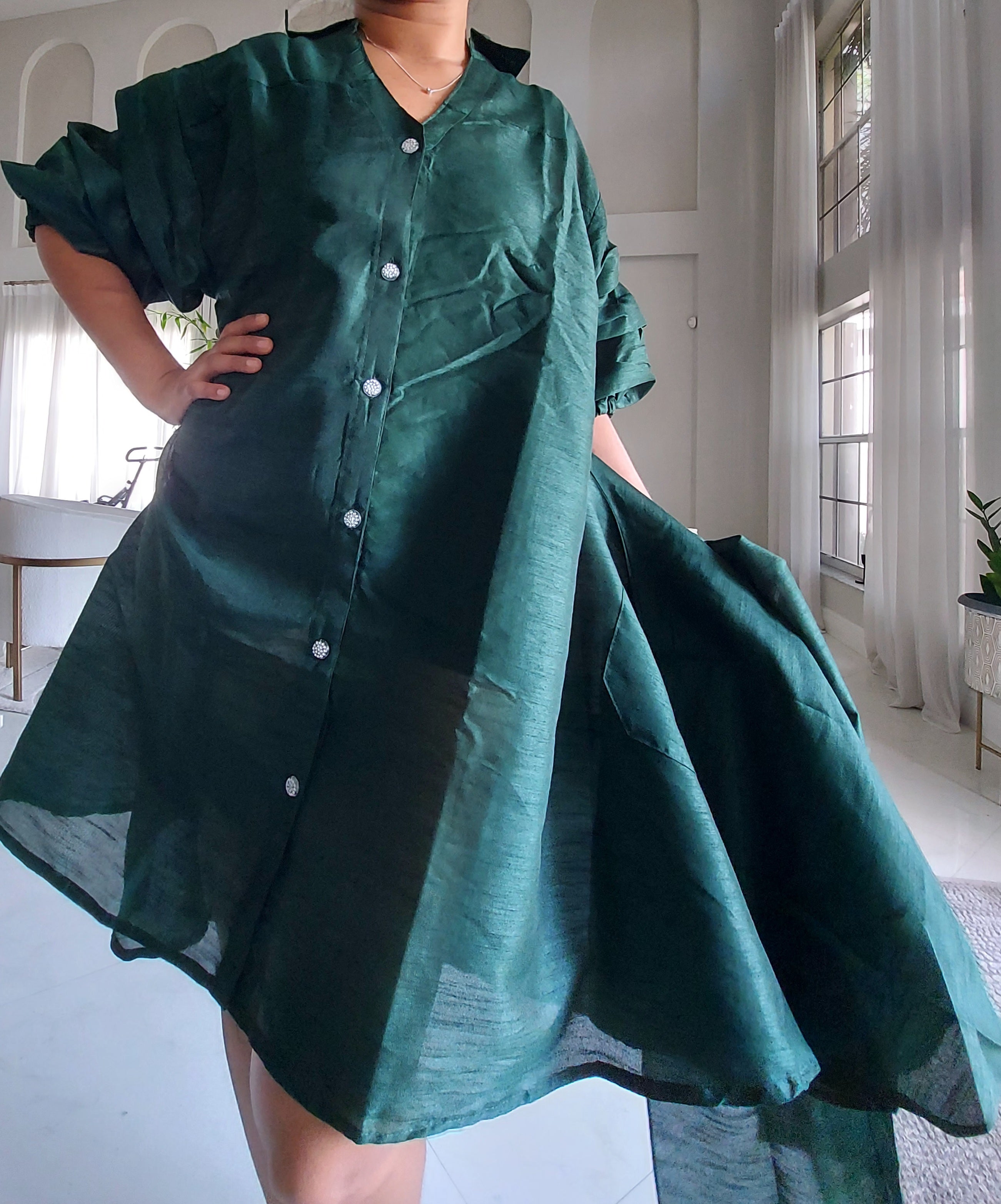 Swing Dress/ Faux Silk/ Ruffle Sleeve - 758 Forest Green