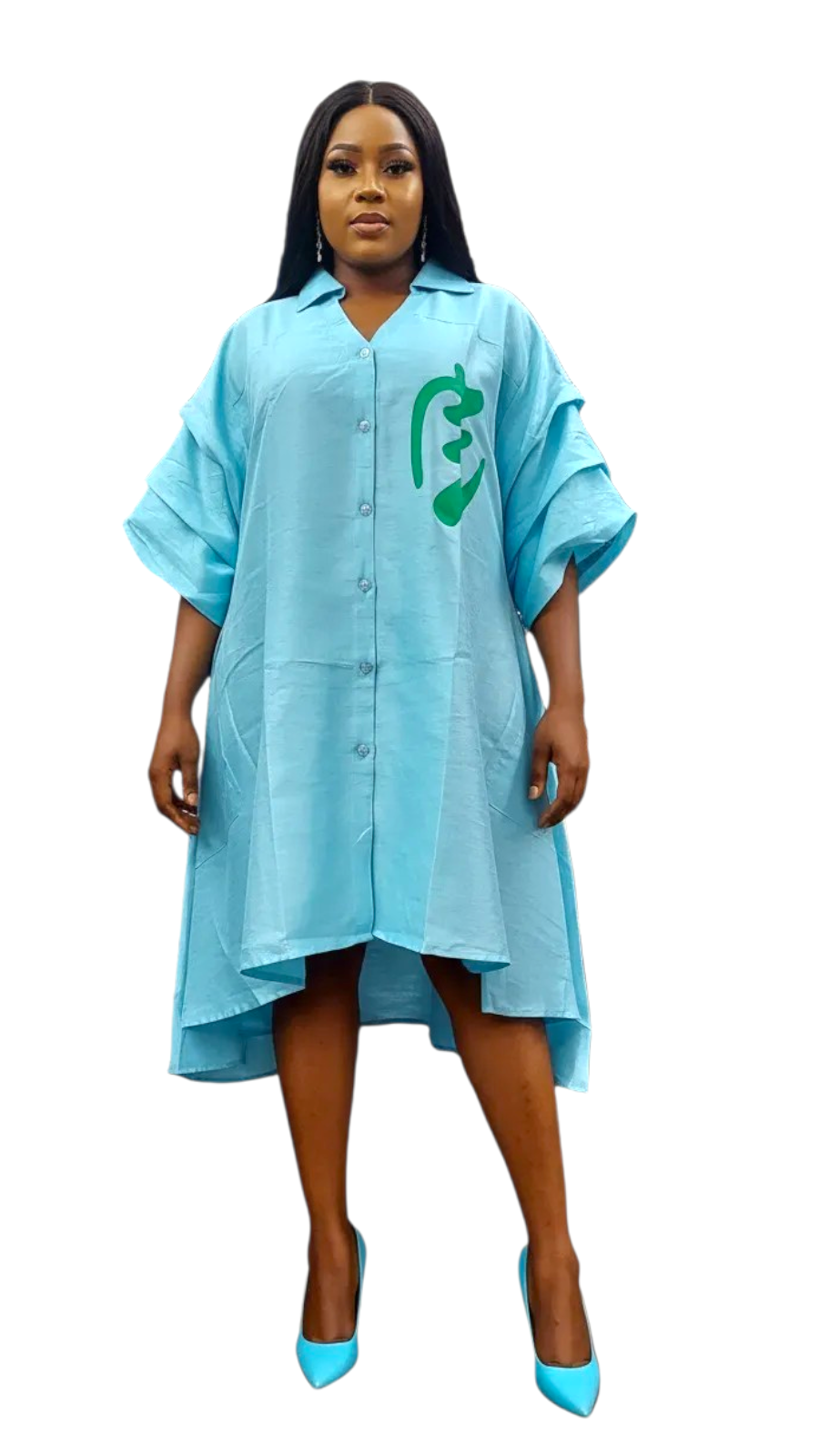 Swing Dress/ Faux Silk/ Ruffle Sleeve With Gyname Decal 758G Baby Blue