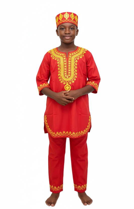 Boys 3 Pcs Embroidery Set/ Pant/Tunic/Kufi Hat 111 Red