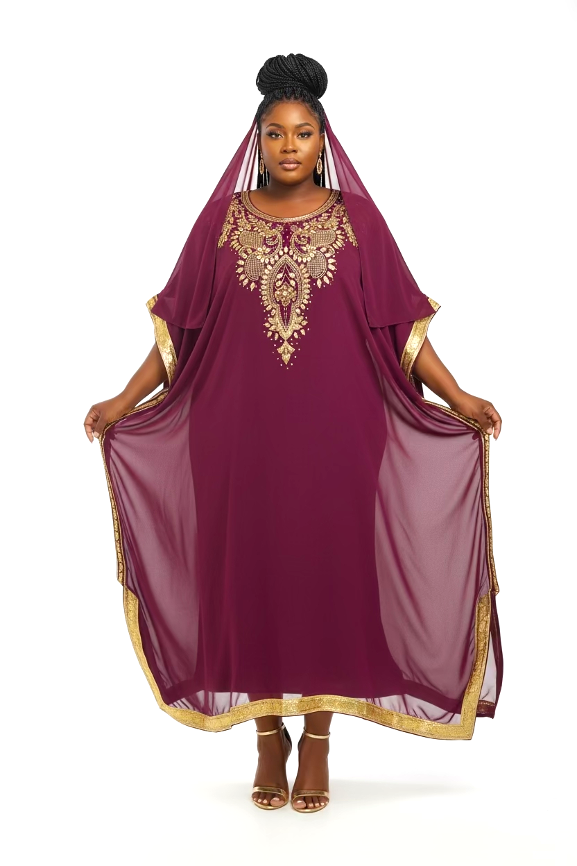 Beaded kaftan Dress With Gold Border J103