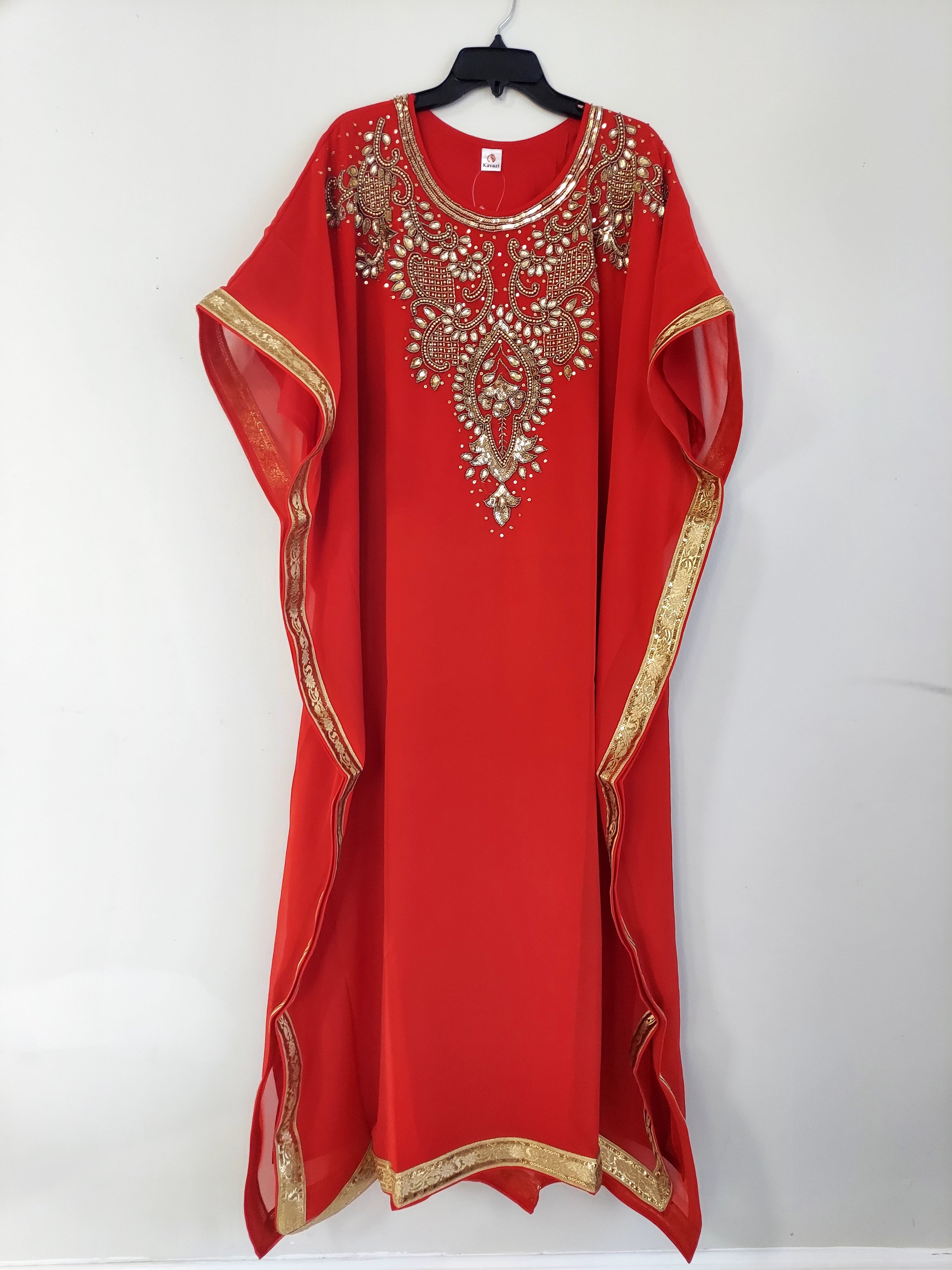 Beaded kaftan Dress With Gold Border J103