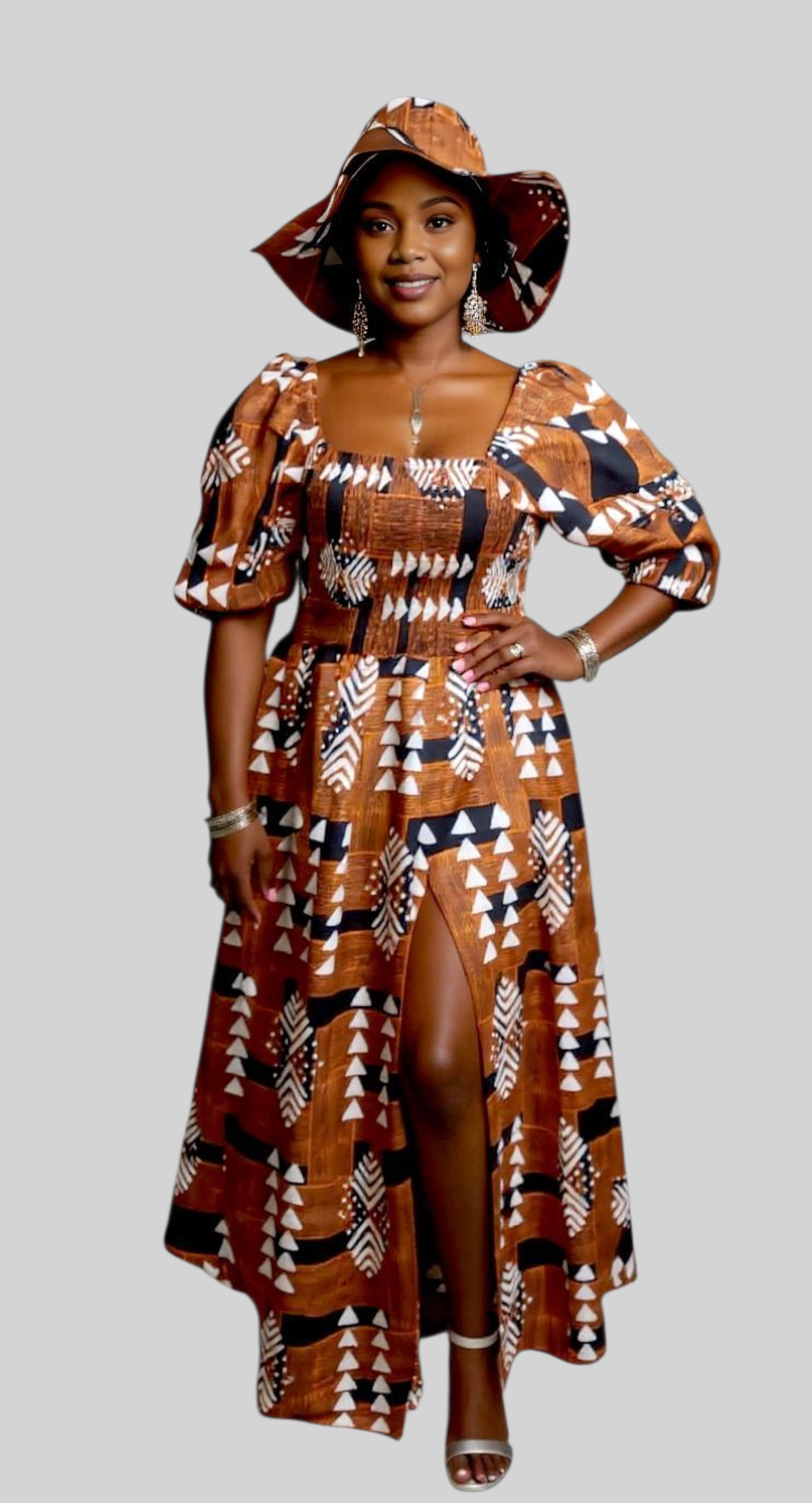 Maxi Slit Dress with Hat & Scarf Set SD01 Brown