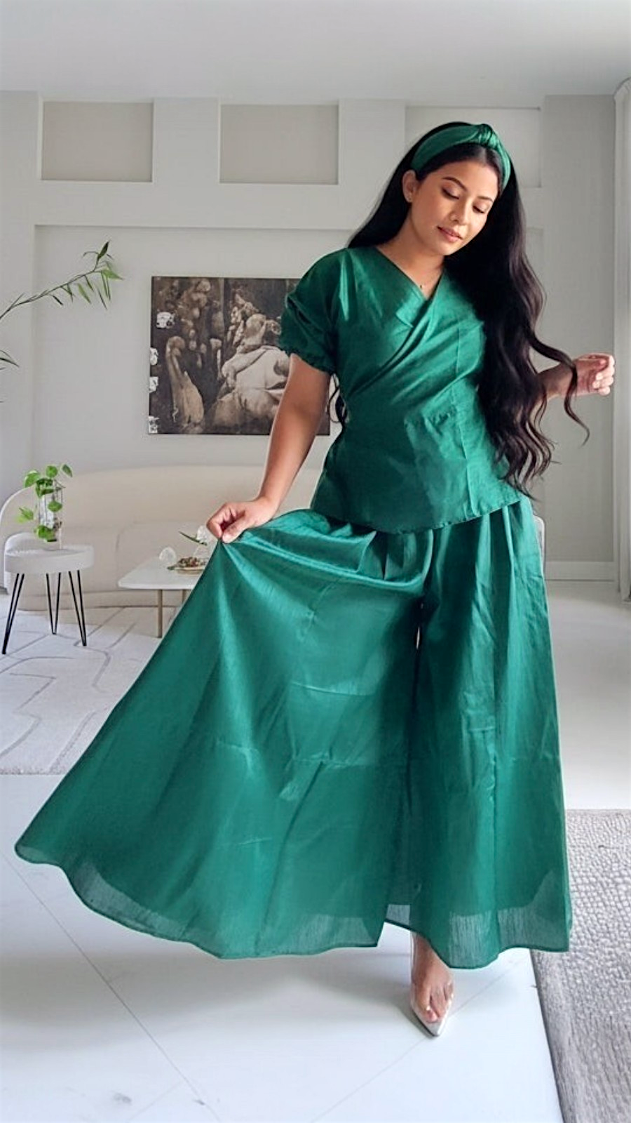 Faux Silk Palazzo Set - Green 4196