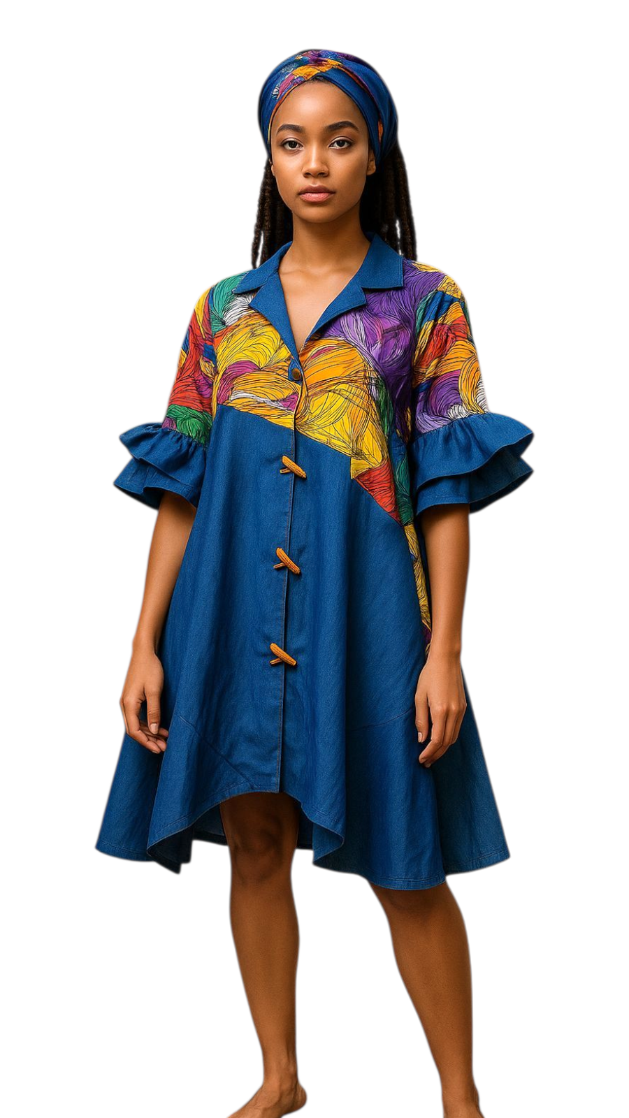 Denim Shirt Dress with Ankara African Print 3139-A