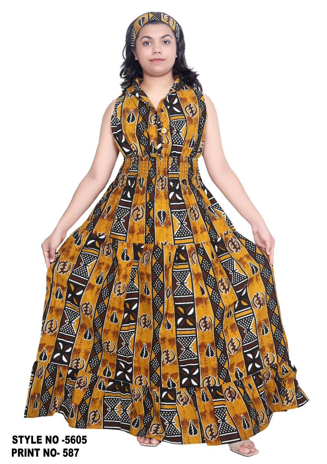 Long Smocked Dress With Scarf 5005-587
