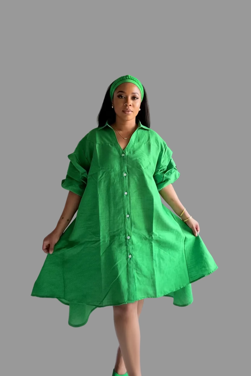 Swing Dress/ Faux Silk/ Ruffle Sleeve / Sparkle Button - 758