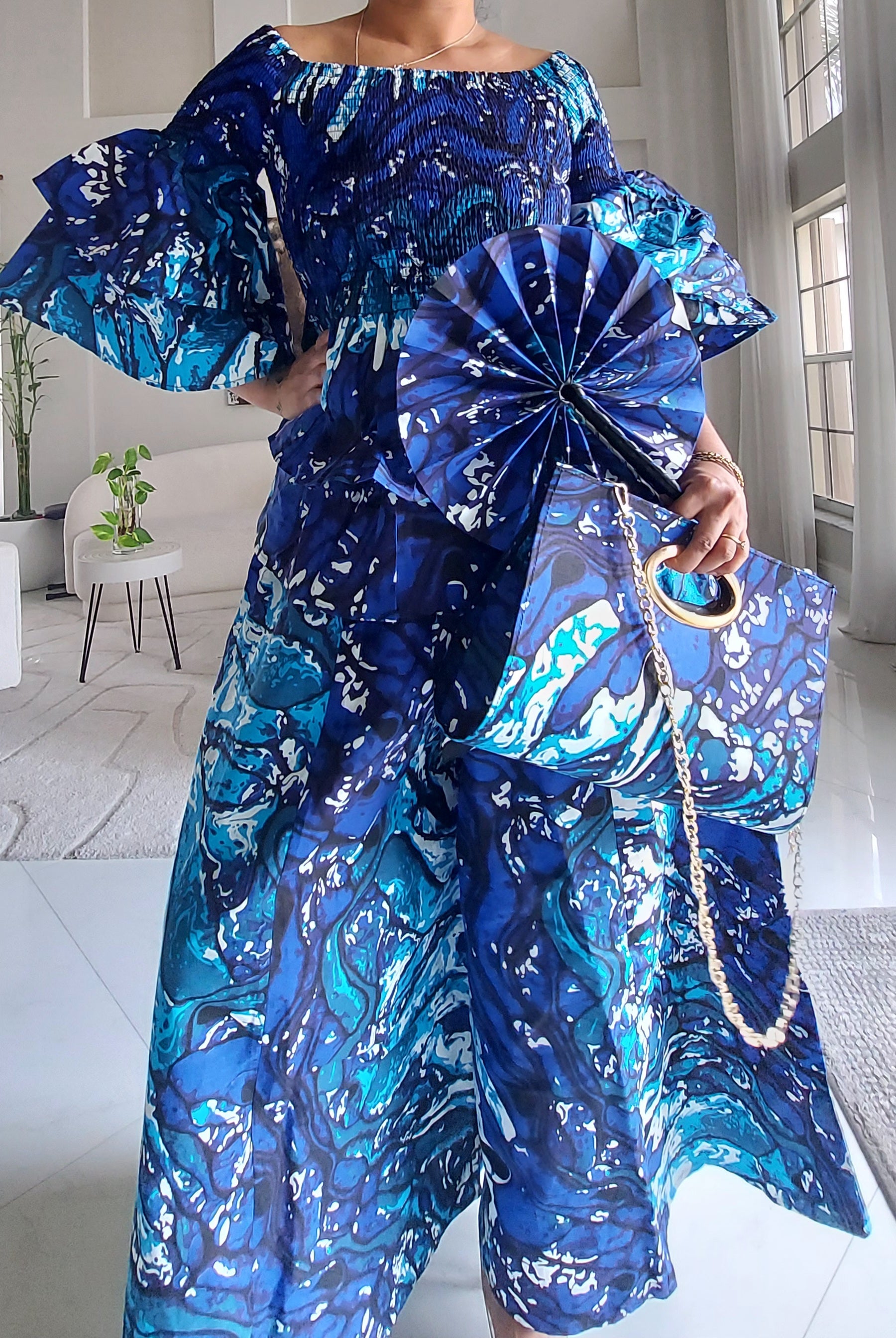 5-Piece African Ankara Pant Set - Blue Marble  019-PS14B