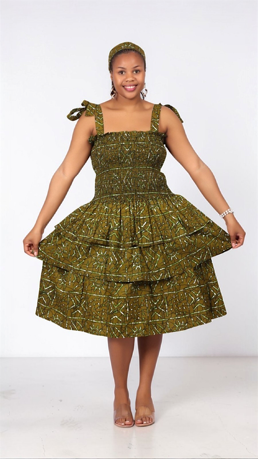 Flounce Dress/Shoulder Straps /African Anarka  Print I KVZ66