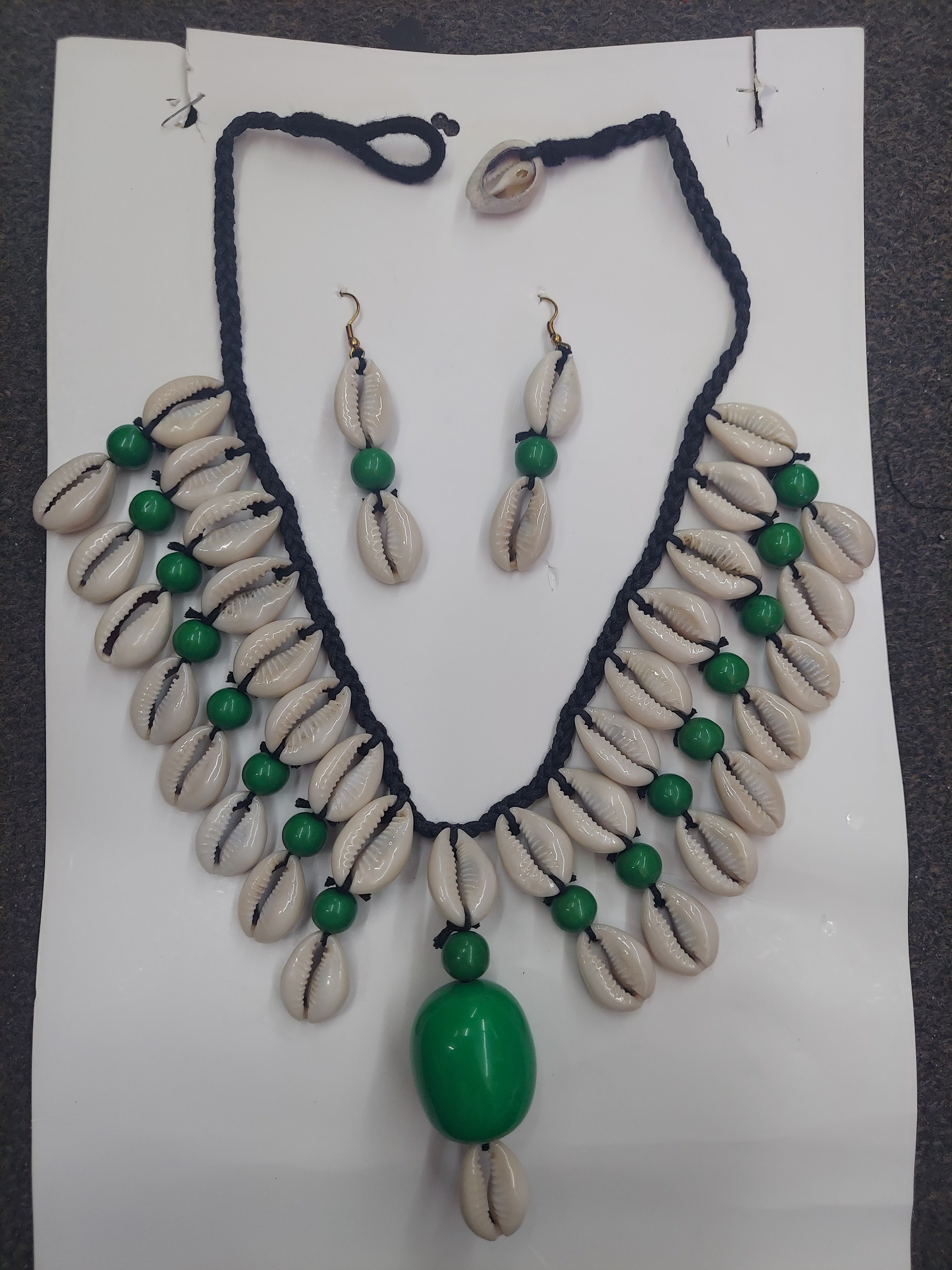 Cowrie Shell Necklace/ Earring Set- Green