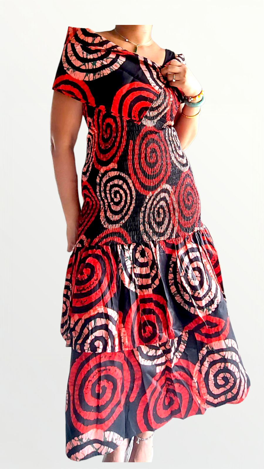 Smocked fitted & flare Skirt & Blouse Set-DRS019 Red