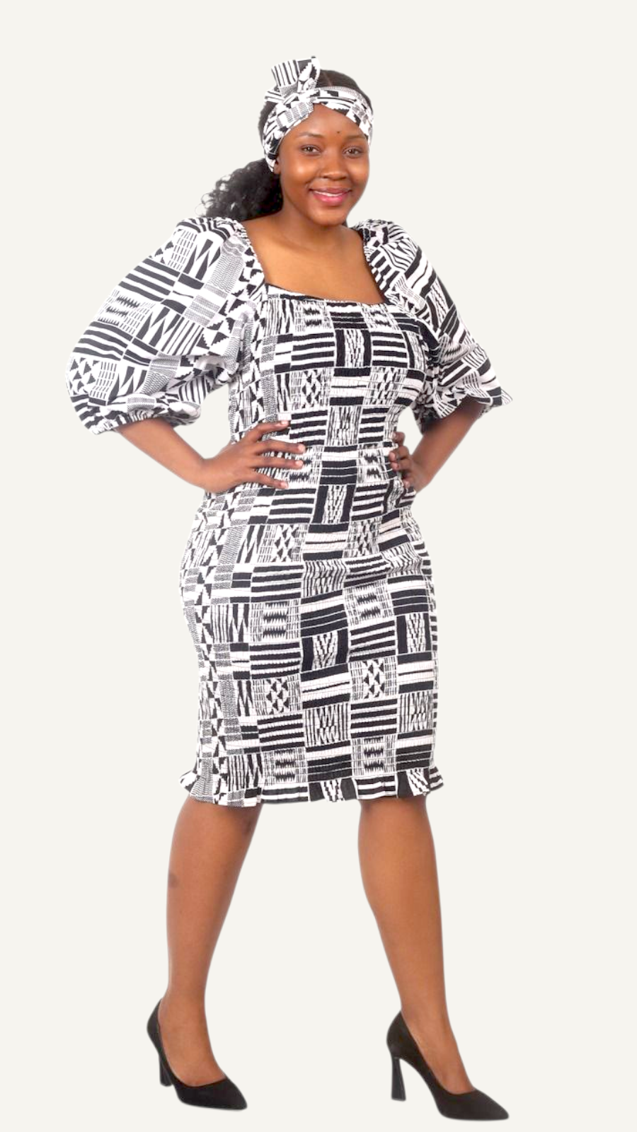 Fitted Smock Mid length Dress/ Puff Sleeve - KVZ35 White