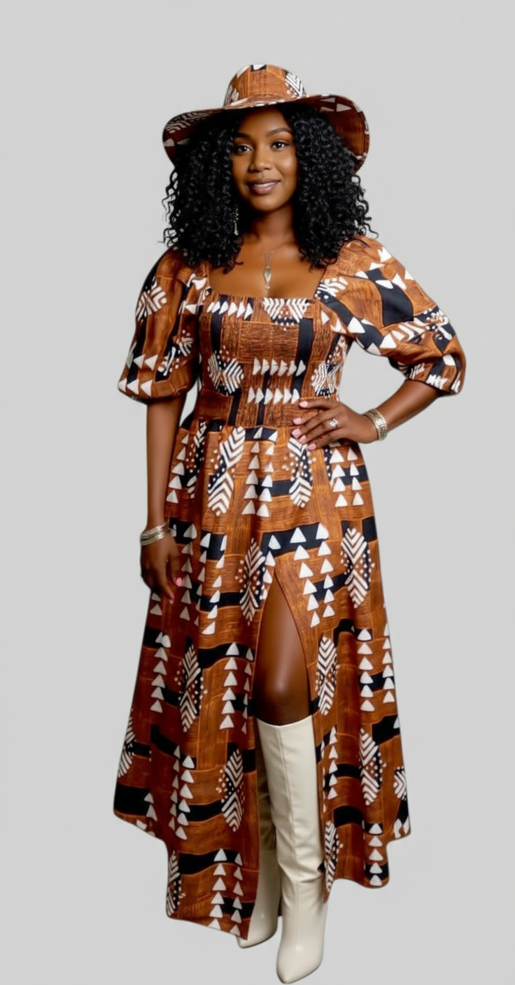 Maxi Slit Dress with Hat & Scarf Set SD01 Brown