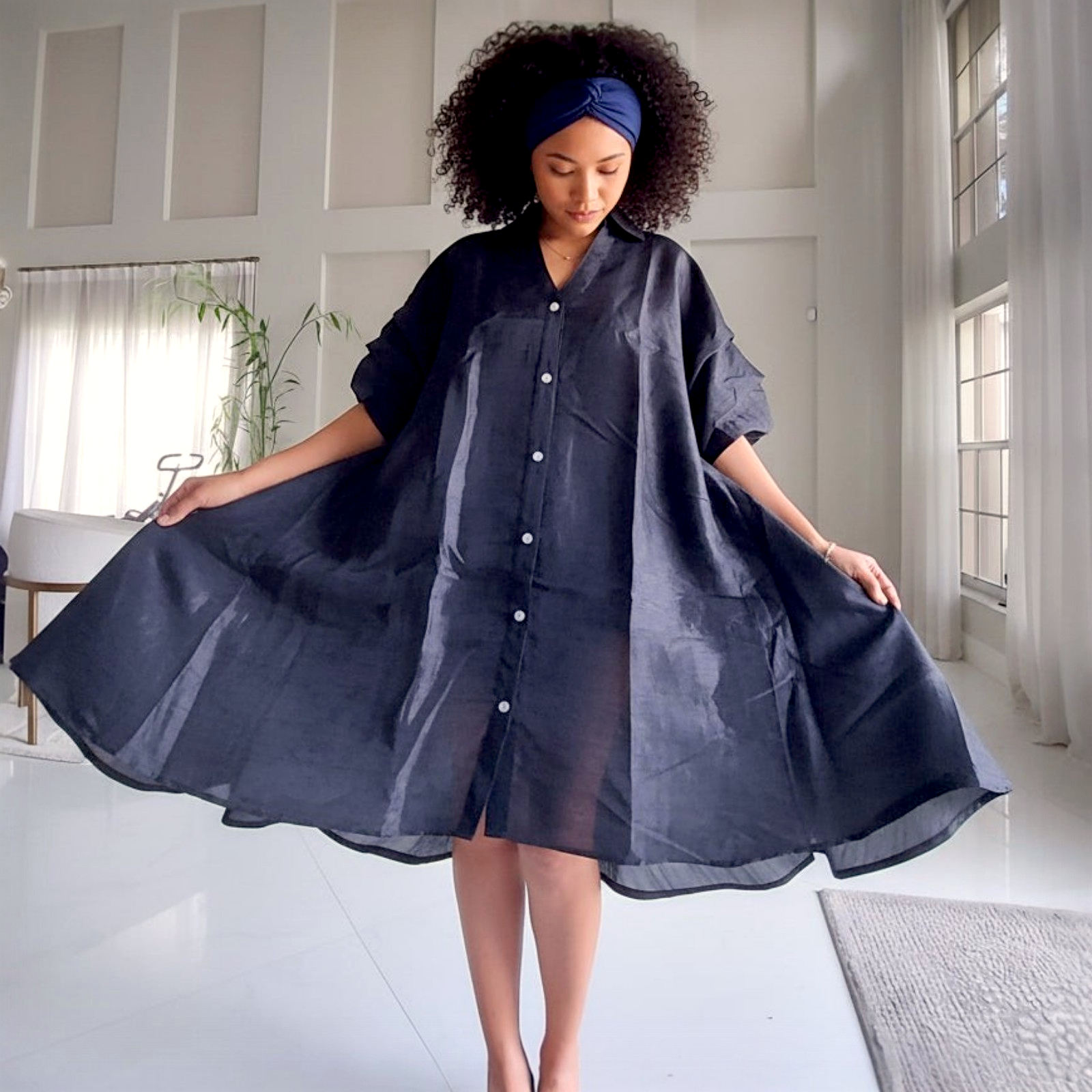 Swing Dress/ Faux Silk/ Ruffle Sleeve - 758 Black