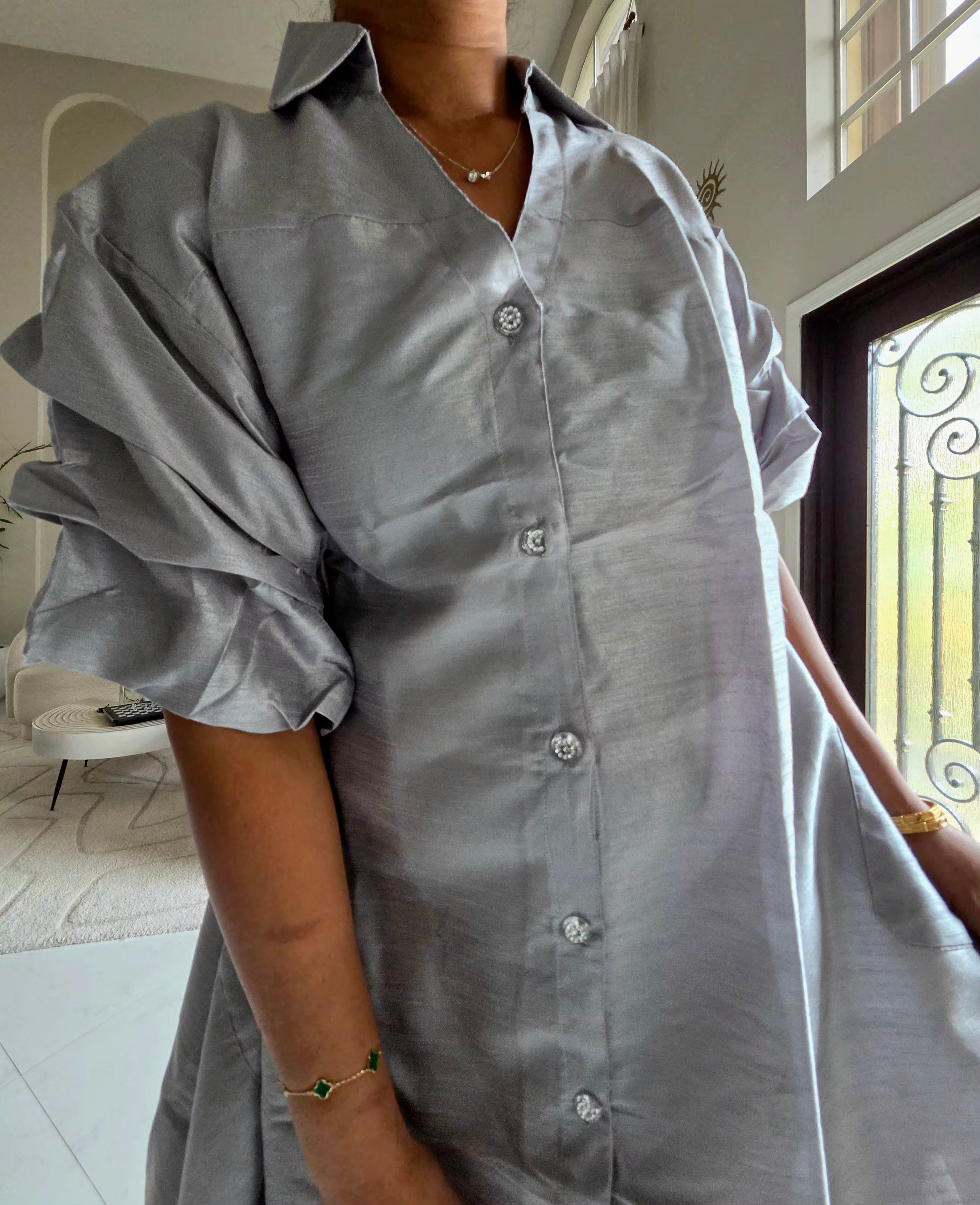 Swing Dress/ Faux Silk/ Ruffle Sleeve / Sparkle Button - 758