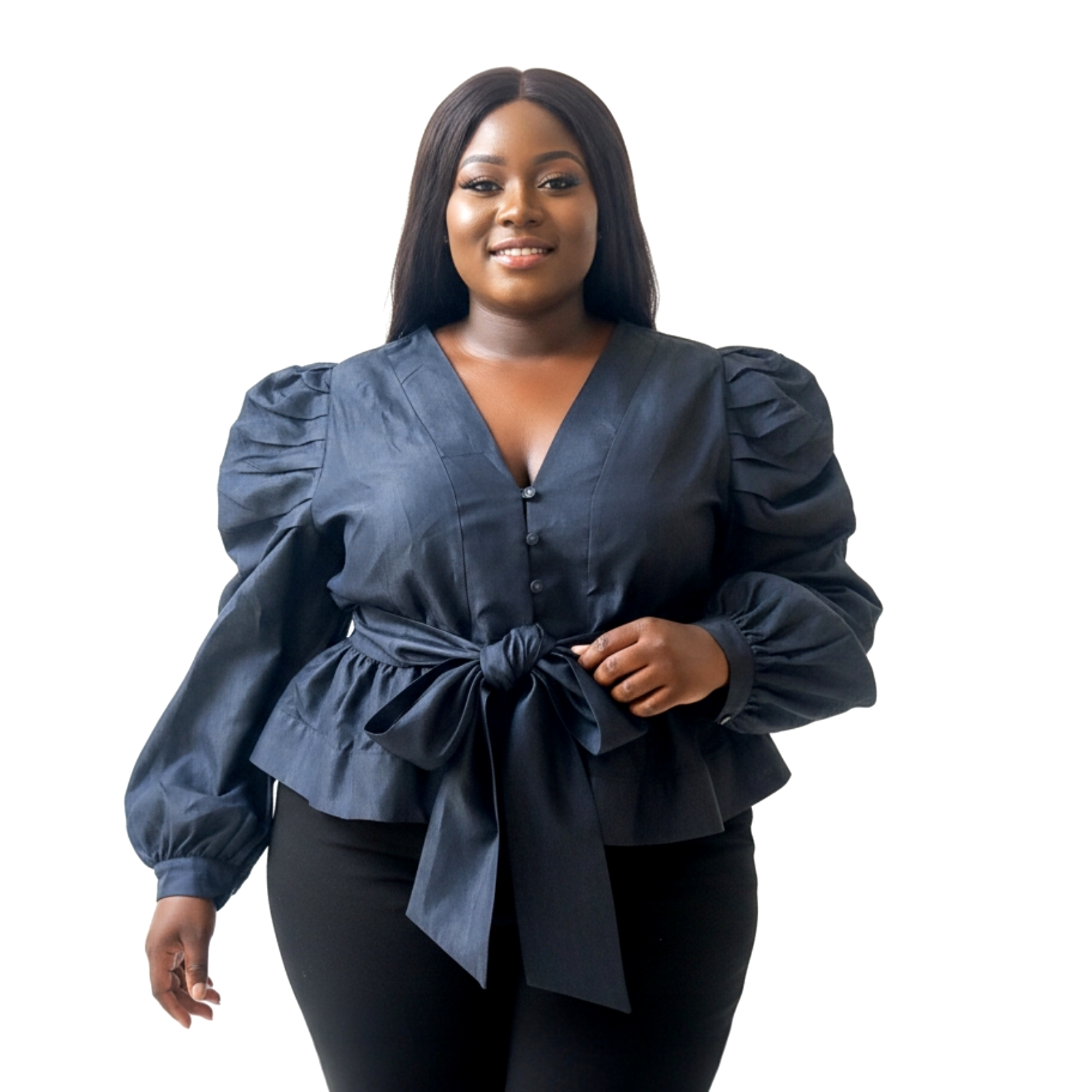 Denim Ruched sleeve Bow Blouse -652D