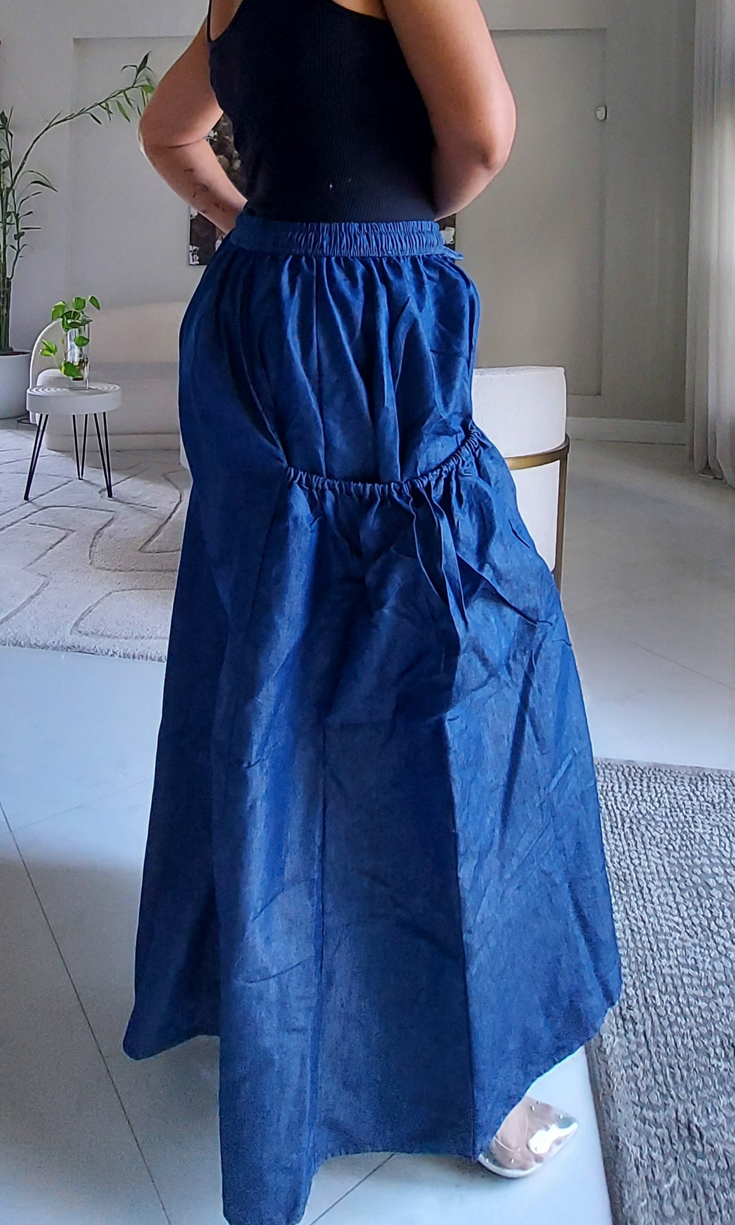 Denim Big Pocket Palazzo Pant - 45 Dark Blue Denim