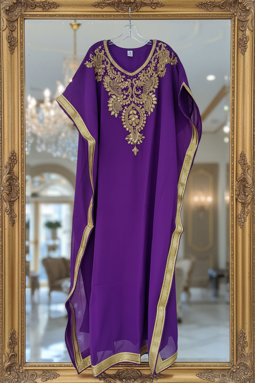 Beaded kaftan Dress With Gold Border Purple 103