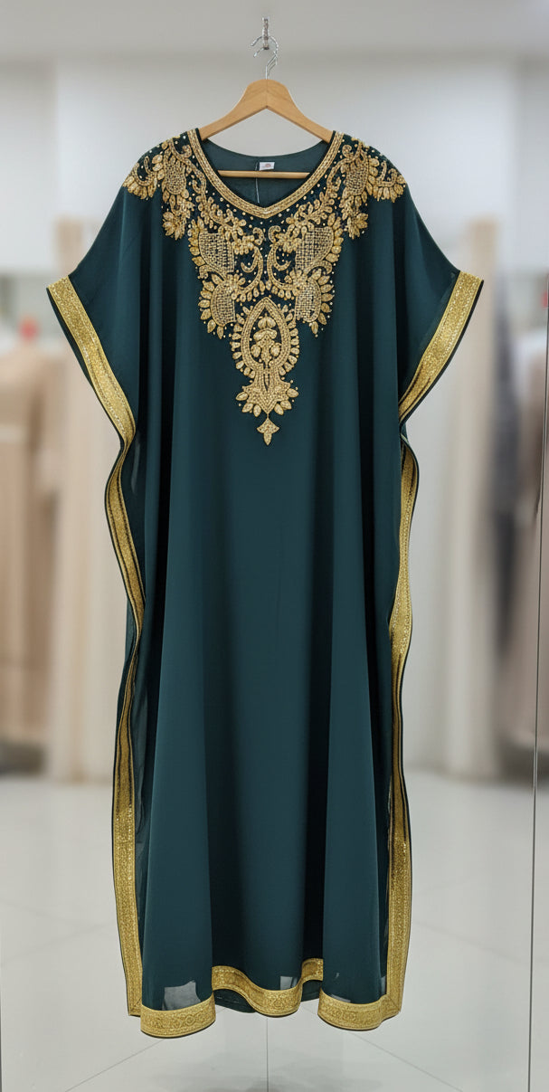 Beaded kaftan Dress With Gold Border Forest Green 103