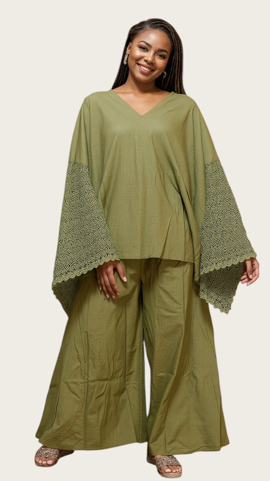 Linen Set/  Pant & Crocket  Blouse Set - 7866 Olive