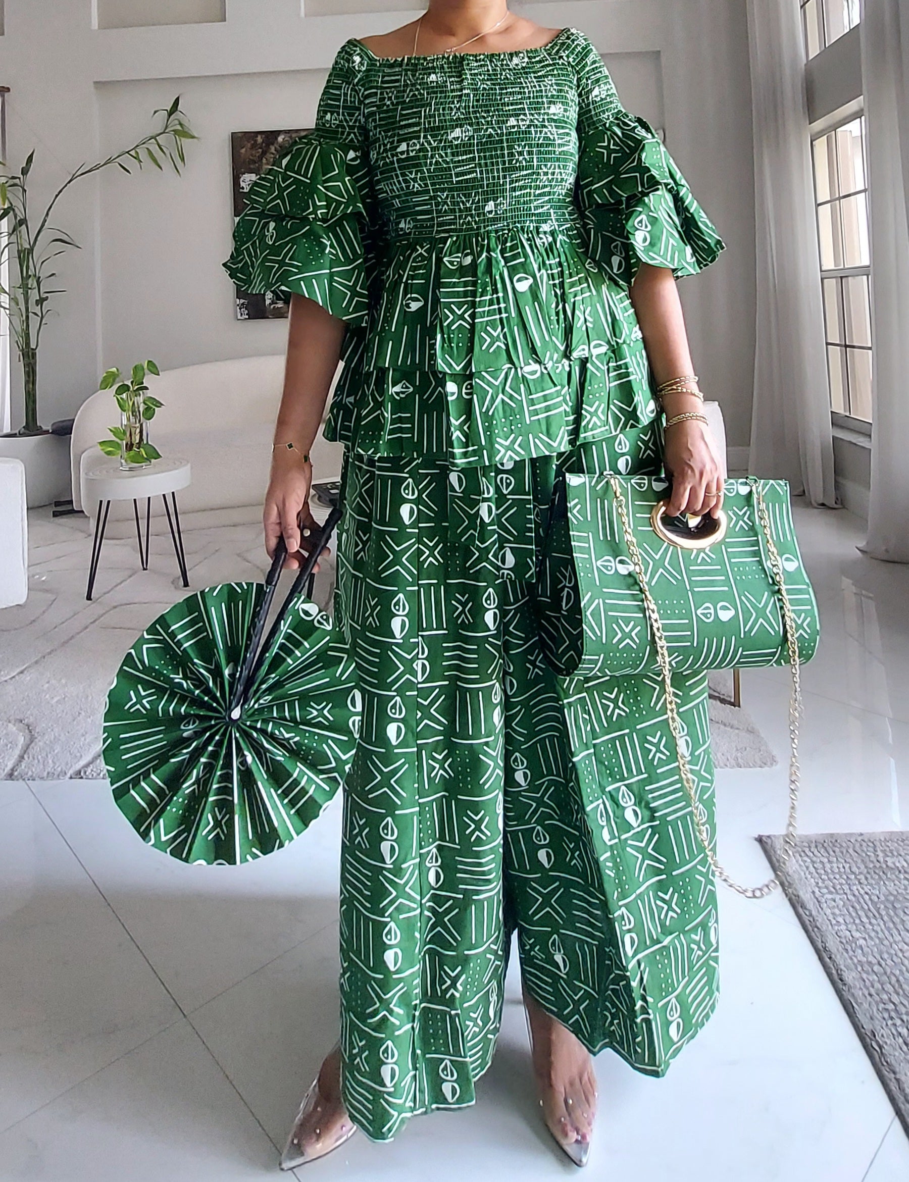 5-Piece African Ankara Pant Set Emerald - 019-PS14C