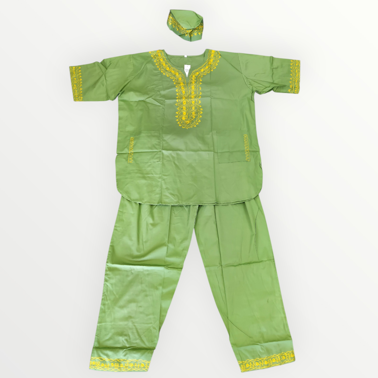 Men’s 3-Piece Embroidered Traditional Set – Kufi Hat, Tunic Shirt & Long Pant 764 Green