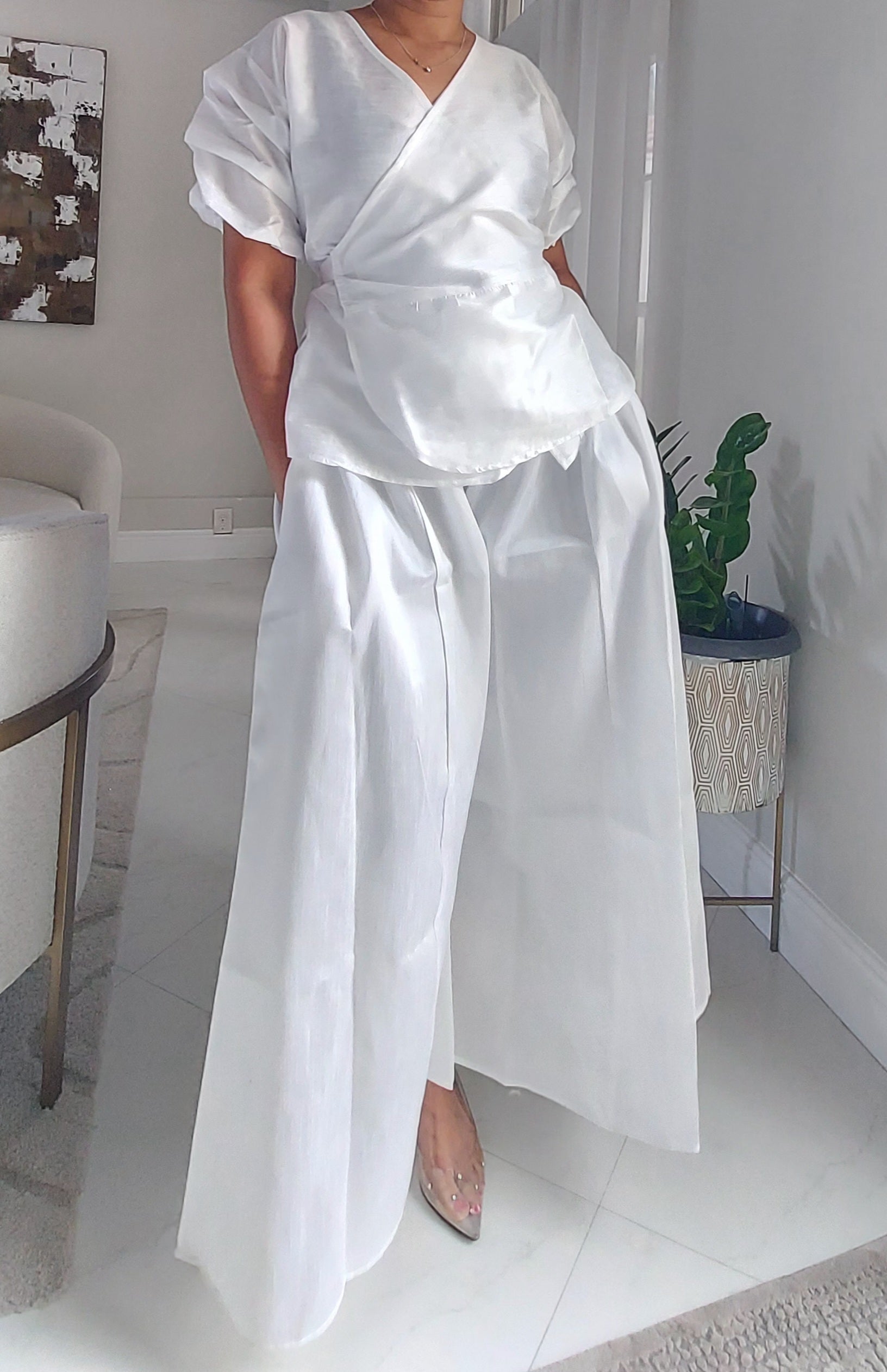 Faux Silk Palazzo Pant Set - 4196 White