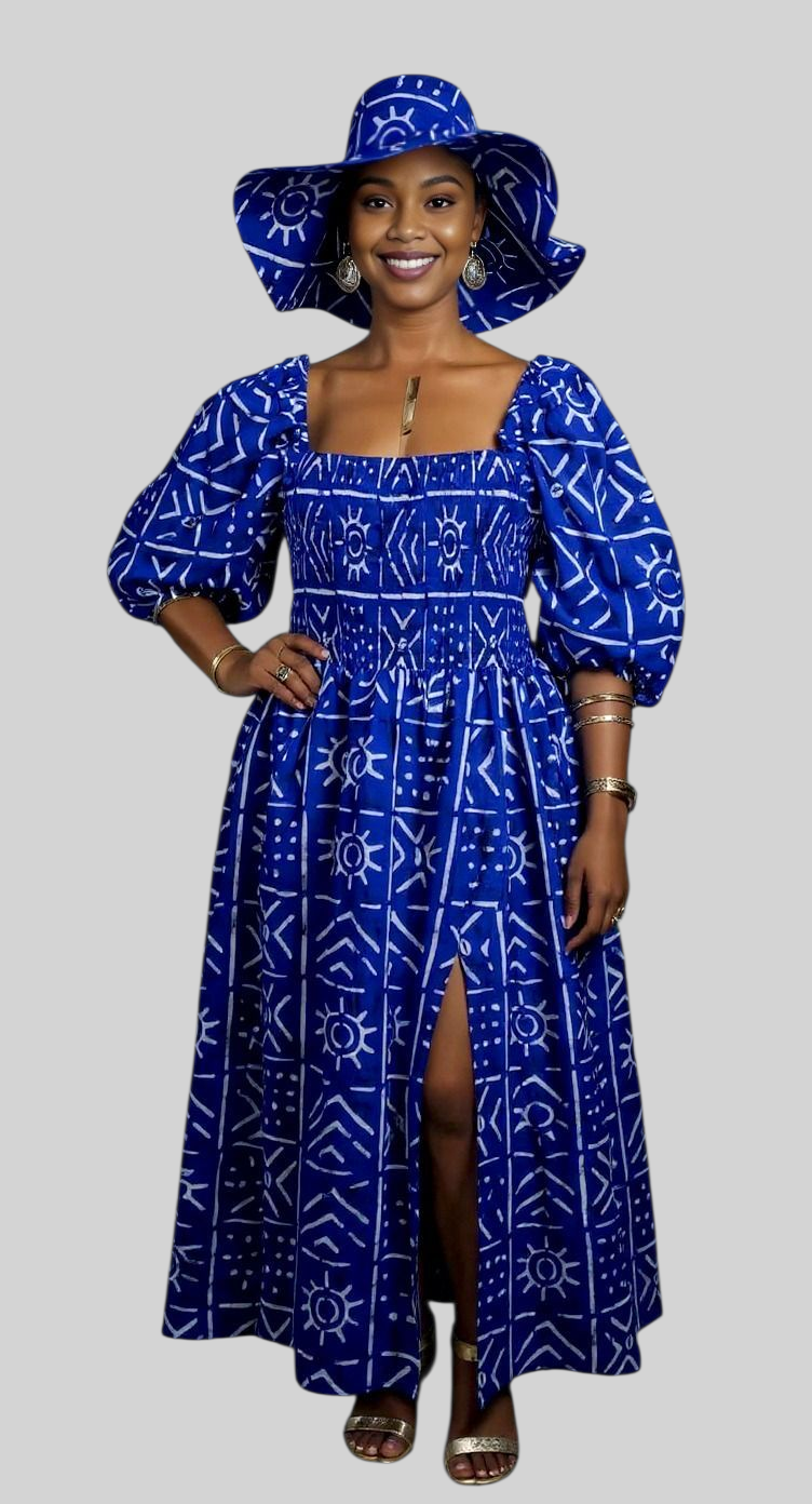 Maxi Slit Dress with Hat & Scarf Set SD01 Blue