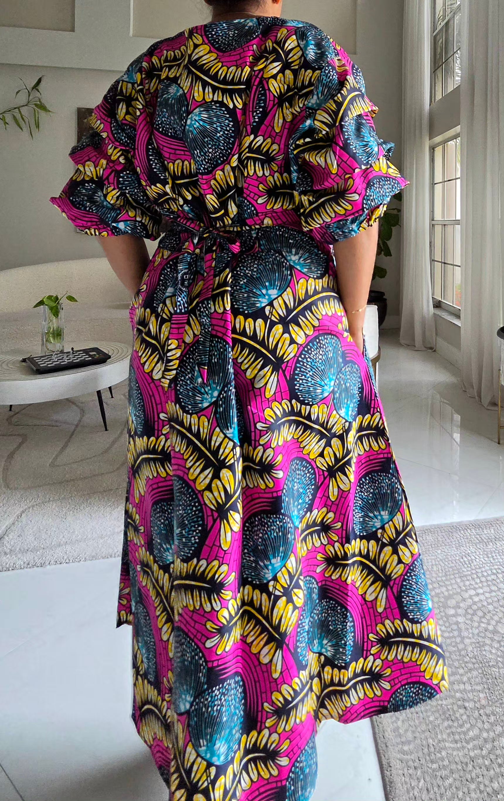 746 Wrap Dress With Puffed Sleeves Print Pink Floral