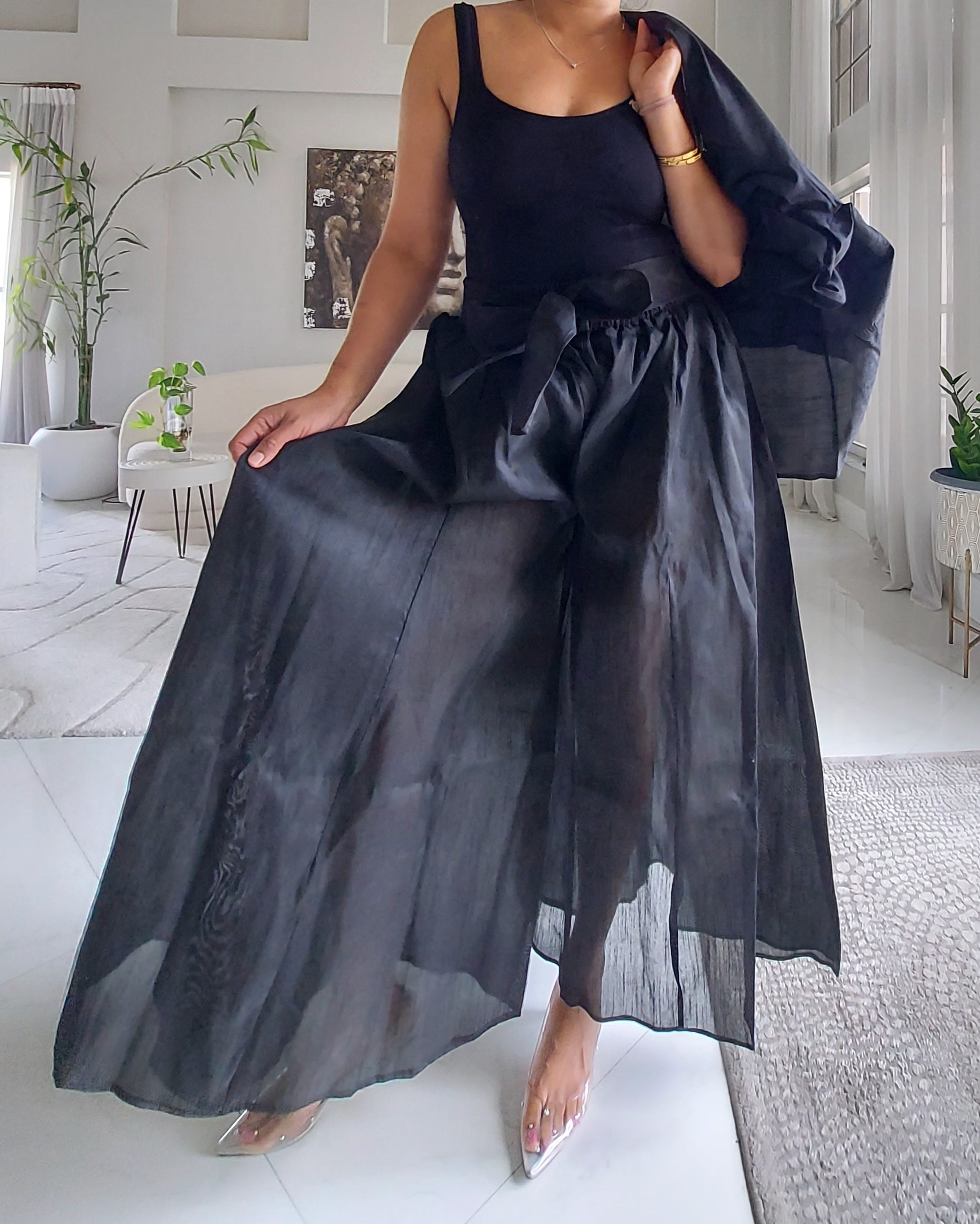 Faux Silk Palazzo Pant Set - Black 4196