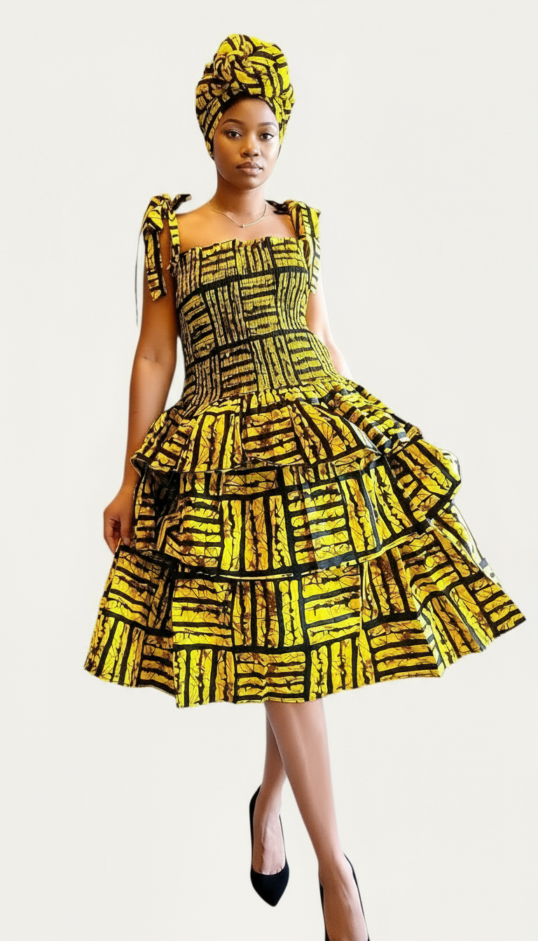 Flounce Dress/Shoulder Straps /African Anarka  Print KVZ66