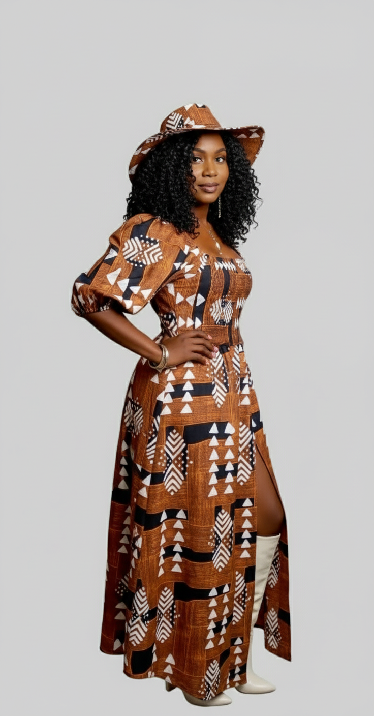 Maxi Slit Dress with Hat & Scarf Set SD01 Brown