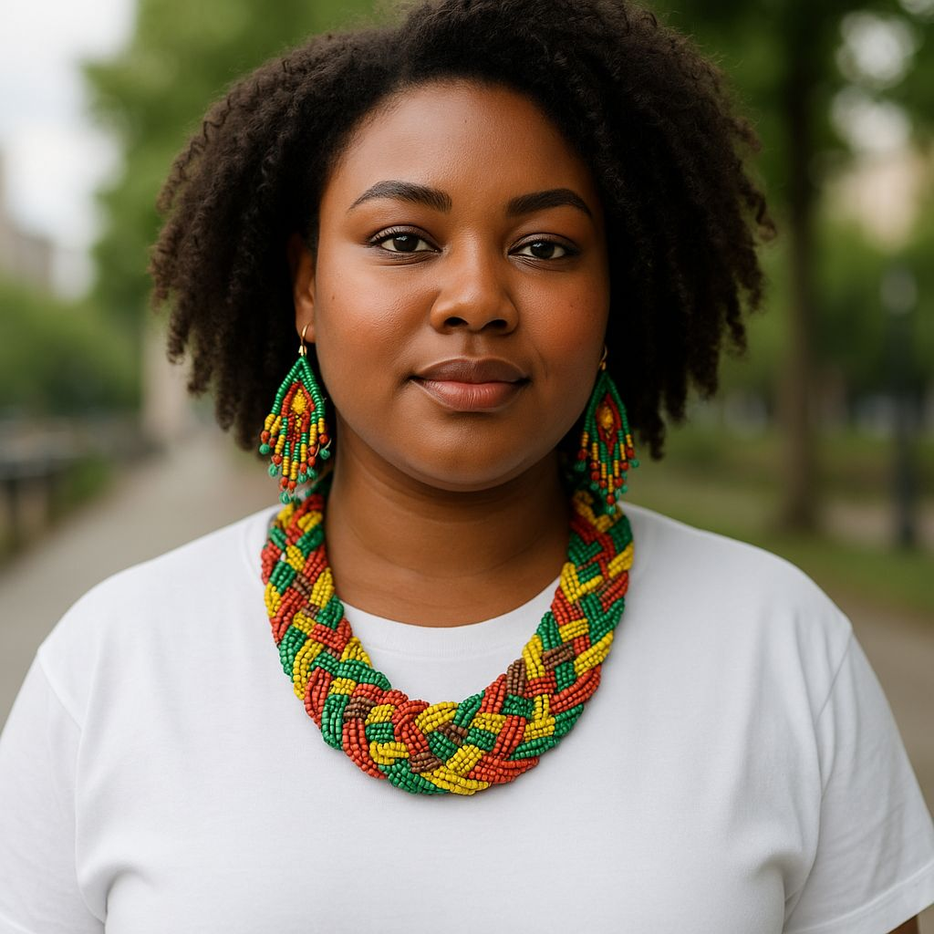 Necklace & Earrings Set / Braided Beads- Rasta