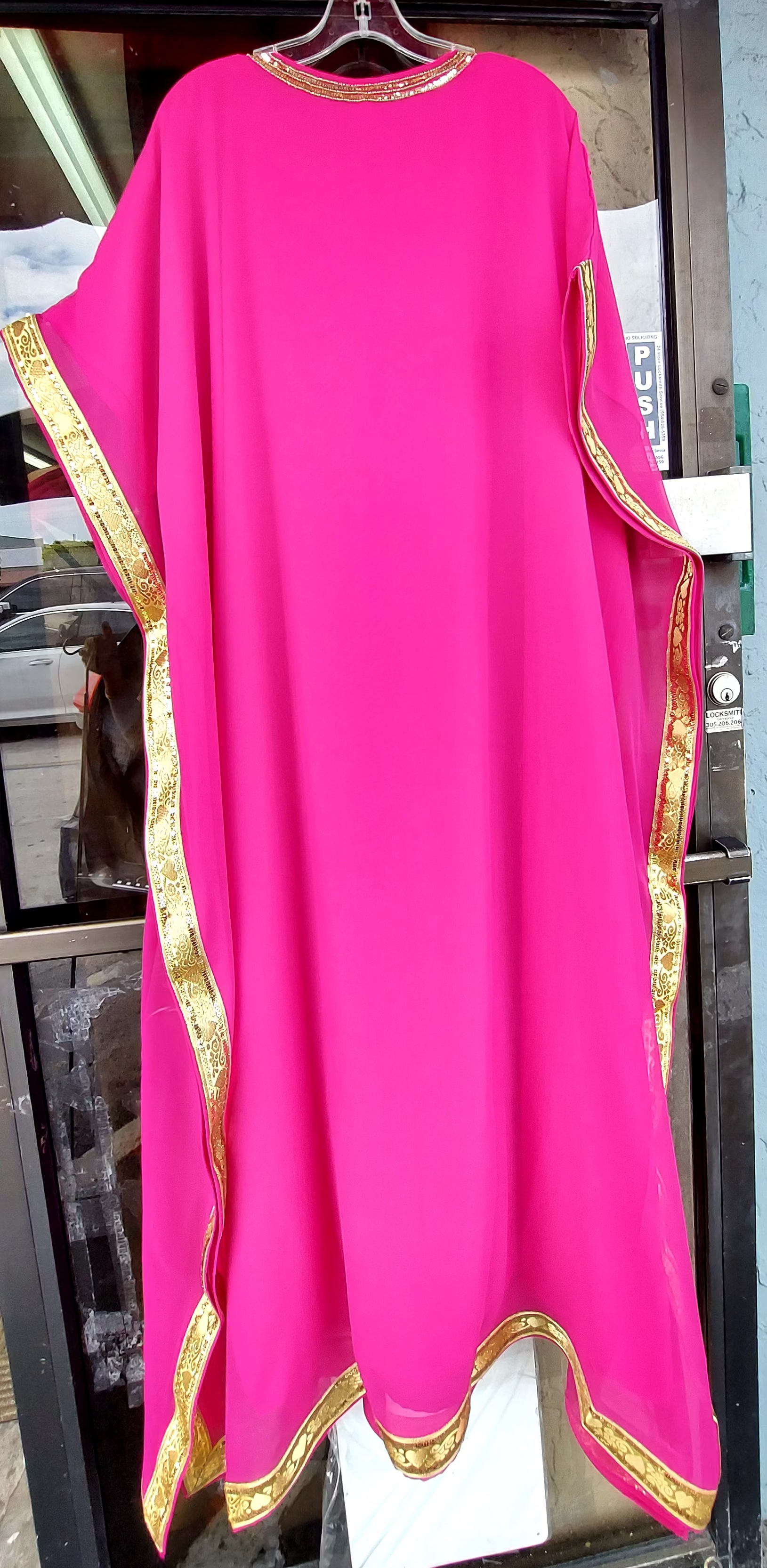 Beaded kaftan Dress With Gold Border Fuchsia 103