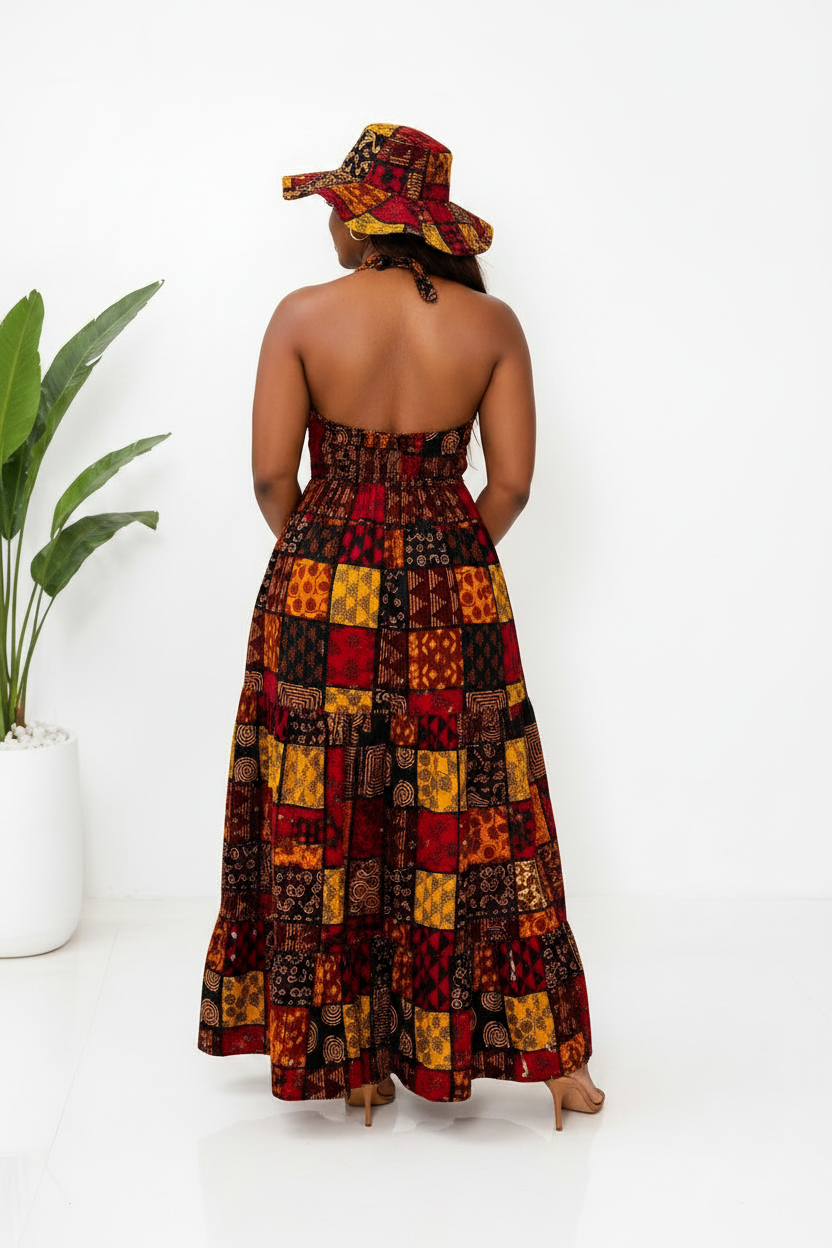 Halter Dress With Hat KVZ90-5 Brown