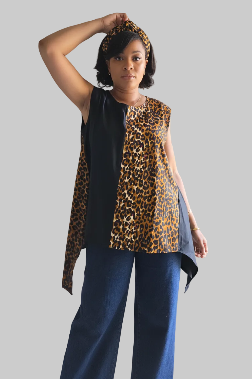Amina Asymmetric Leopard Cotton Blouse - 7222