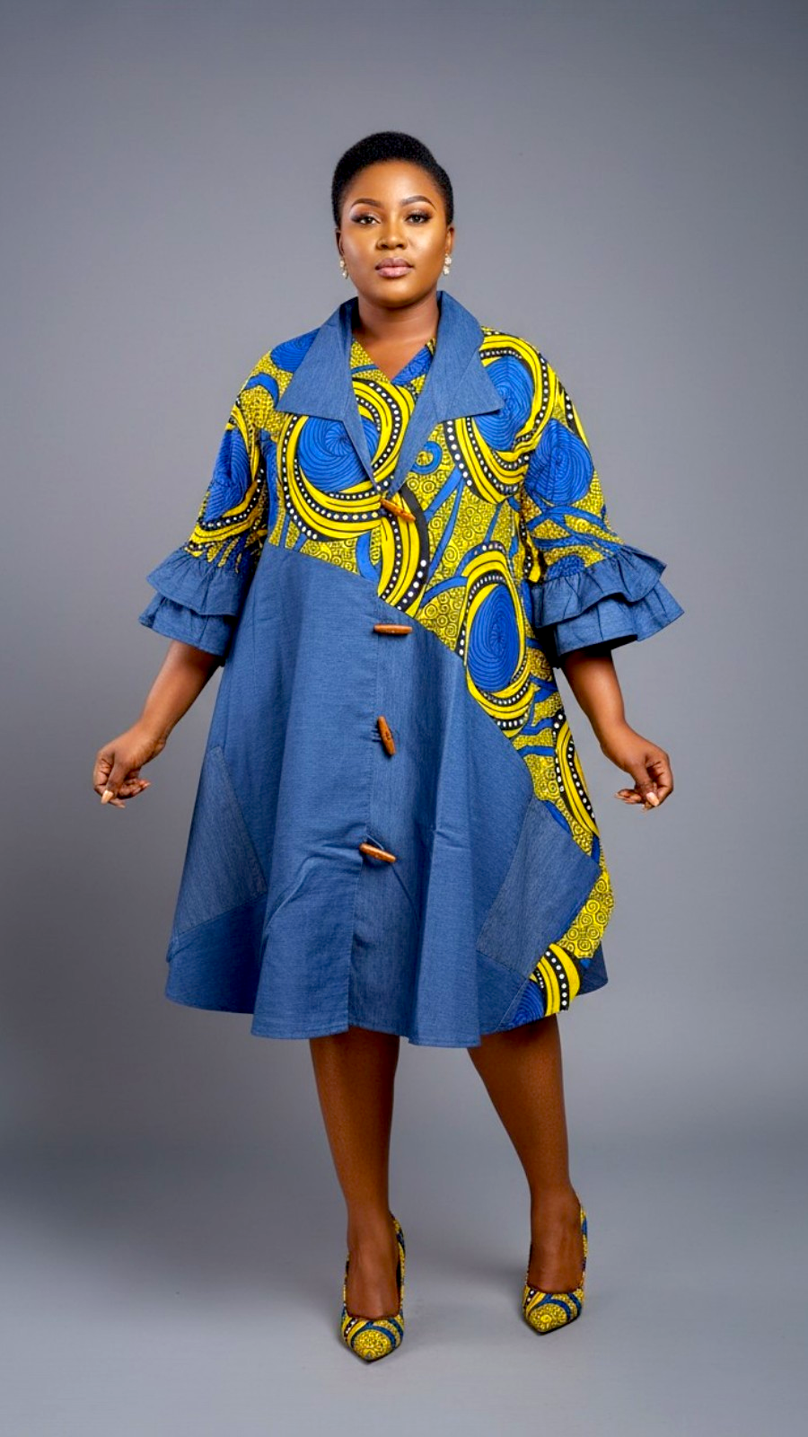 Denim Shirt Dress with Ankara African Print 3139-H