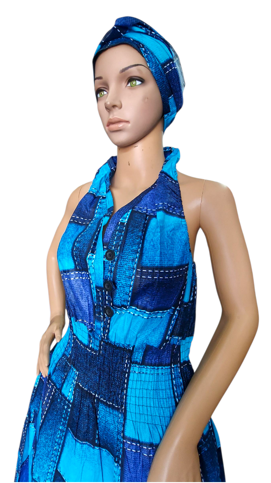 Smocked Halter Dress With Scarf Blue Patch- 3028L